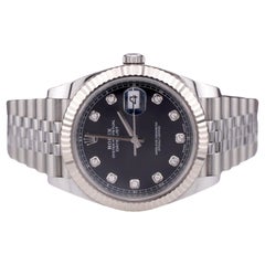 Rolex Datejust 41 Men Steel Watch Black DIAMOND Dial Fluted Bezel Jubilee 126334