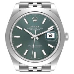 Rolex Datejust 41 Mint Green Dial Smooth Bezel Steel Mens Watch 126300 Box Card