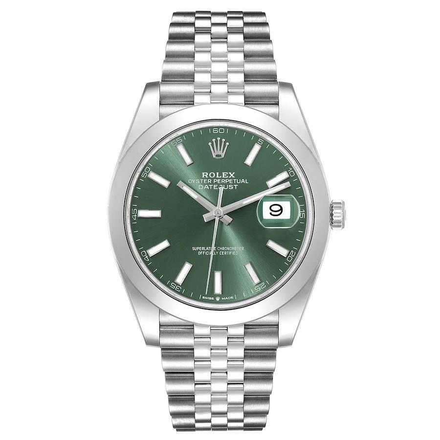 Rolex Datejust 41 Mint Green Dial Steel Mens Watch 126300 Box Card. Officially certified chronometer automatic self-winding movement. Stainless steel case 41 mm in diameter. Rolex logo on the crown. Stainless steel smooth bezel. Scratch resistant