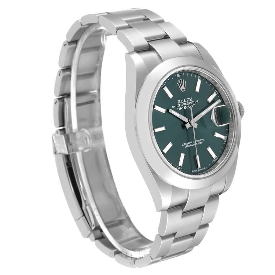 Rolex Datejust 41 Mintgrünes Zifferblatt Stahl-Herrenuhr 126300 Box Card im Zustand „Hervorragend“ in Atlanta, GA
