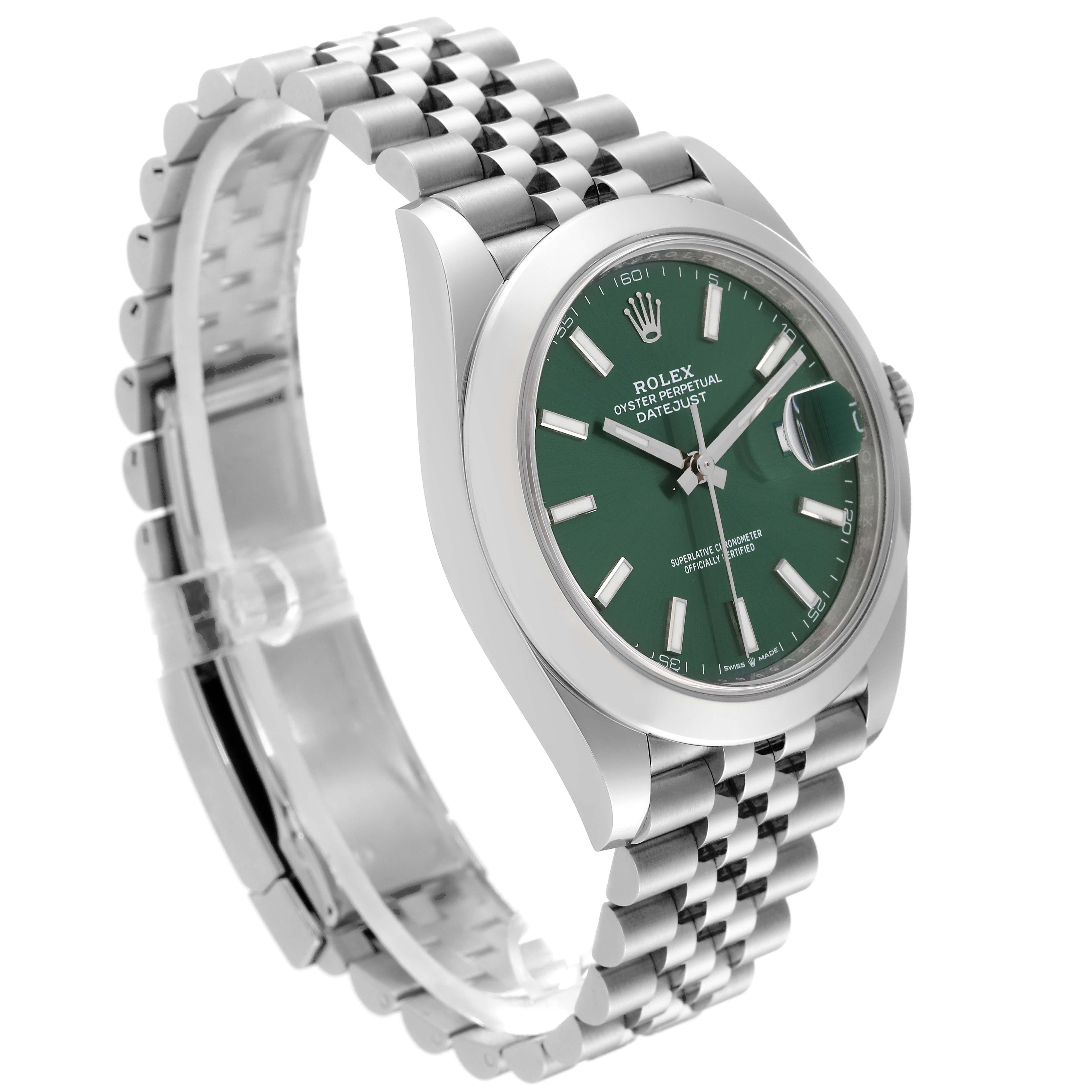 Rolex Datejust 41 Mint Green Dial Steel Mens Watch 126300 Unworn. Officially certified chronometer automatic self-winding movement. Stainless steel case 41 mm in diameter. Rolex logo on the crown. Stainless steel smooth bezel. Scratch resistant