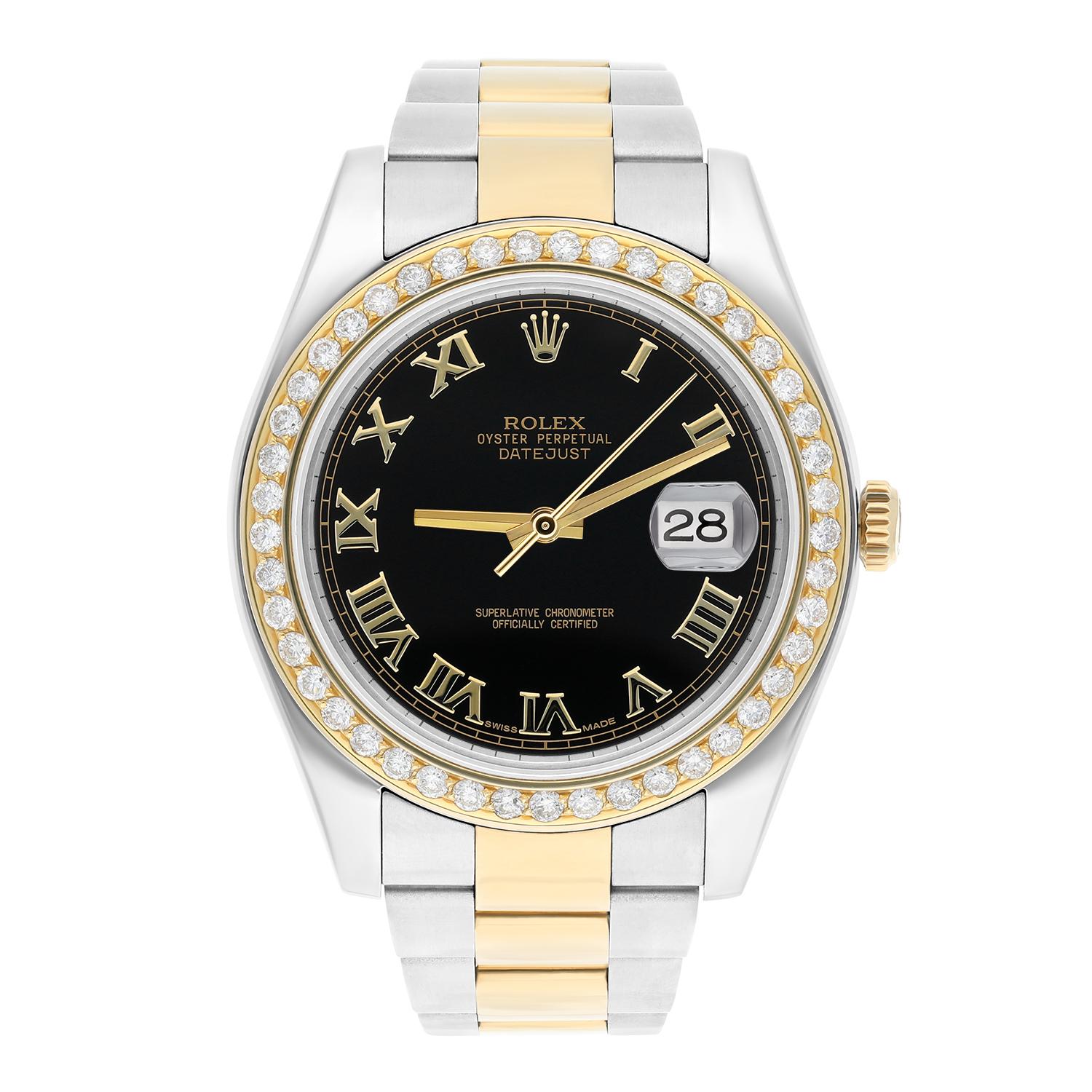 Brand: Rolex
Series: Datejust
Model: 116333
Case Diameter: 41 mm
Bracelet: Oyster band; stainless steel and 18K Yellow Gold
Bezel: Custom Diamond Set, 18K Gold Plated
Dial: Black dial
The sale includes a jewelry watch box and an appraisal
