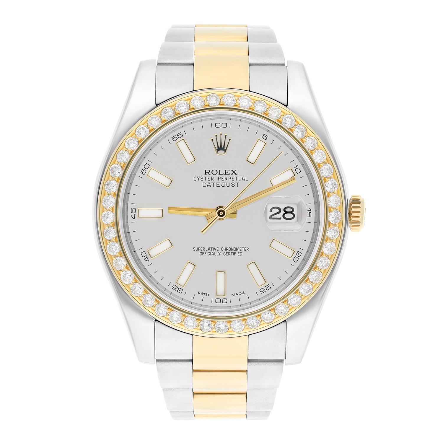 Brand: Rolex
Series: Datejust
Model: 116333
Case Diameter: 41 mm
Bracelet: Oyster band; stainless steel and 18K Yellow Gold
Bezel: Custom Diamond Set, 18K Gold Plated
Dial: Silver dial
The sale includes a jewelry watch box and an appraisal