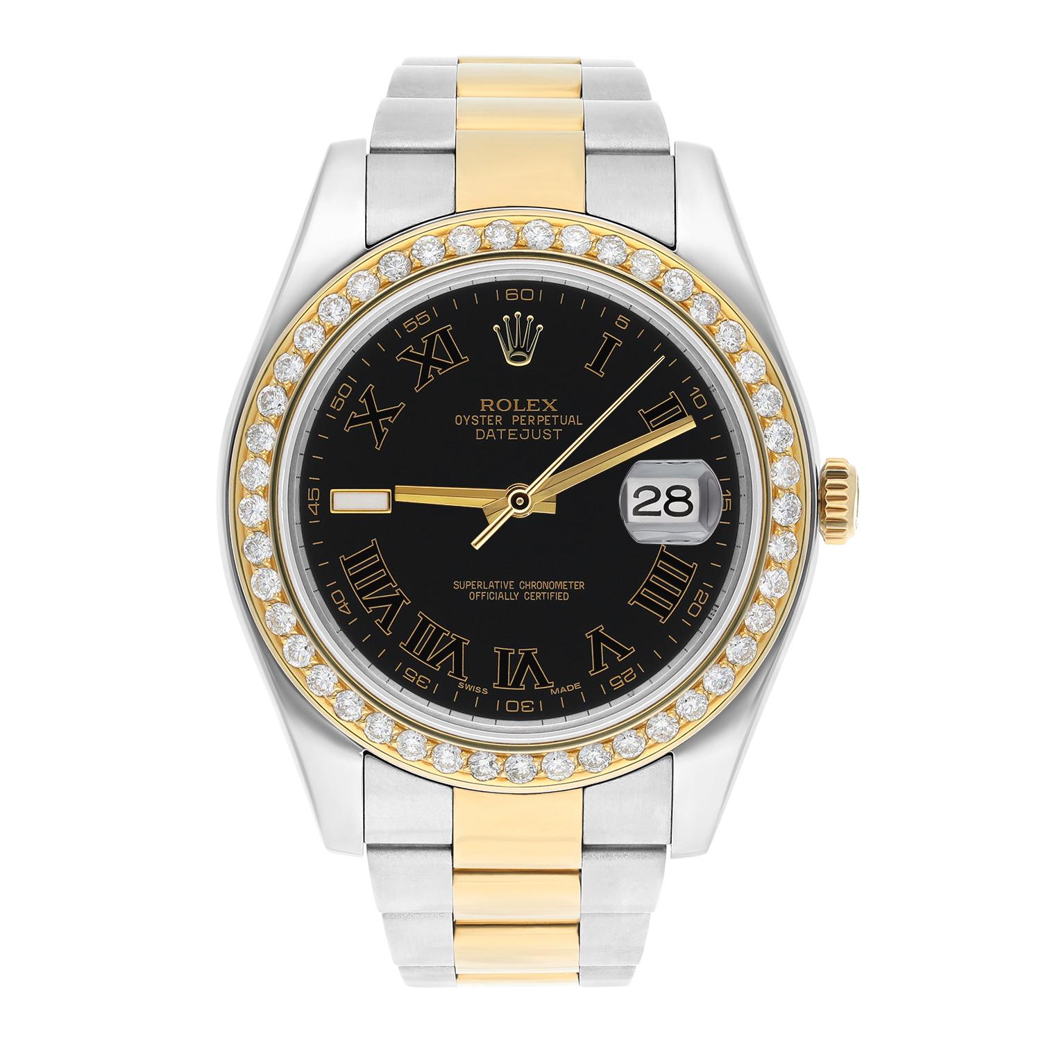 Brand: Rolex
Series: Datejust
Model: 116333
Case Diameter: 41 mm
Bracelet: Oyster band; stainless steel and 18K Yellow Gold
Bezel: Custom Diamond Set, 18K Gold Plated
Dial: Black dial
The sale includes a jewelry watch box and an appraisal