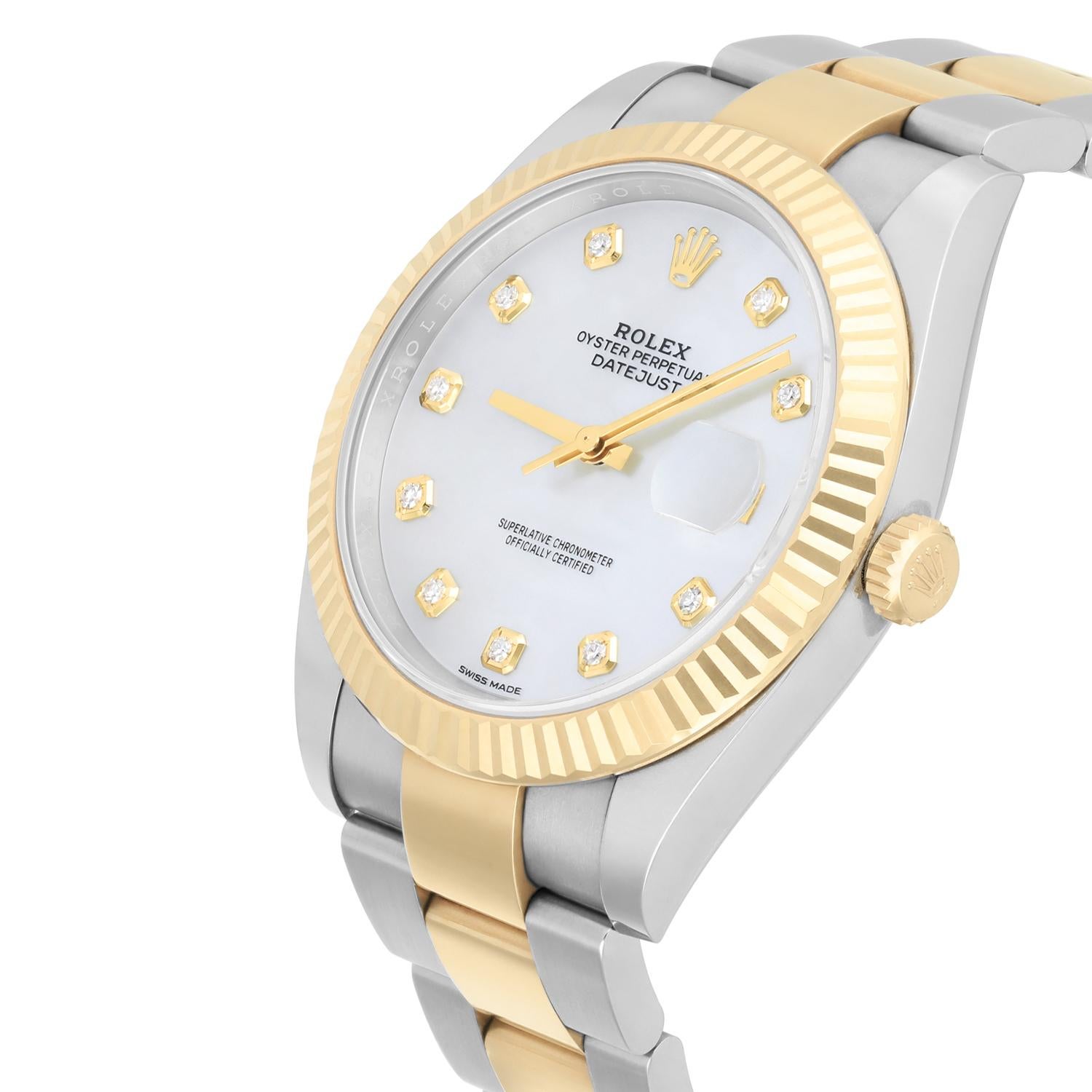 Modern Rolex Datejust 41 Mother of Pearl Diamond Dial 126333 Oyster Band Complete For Sale