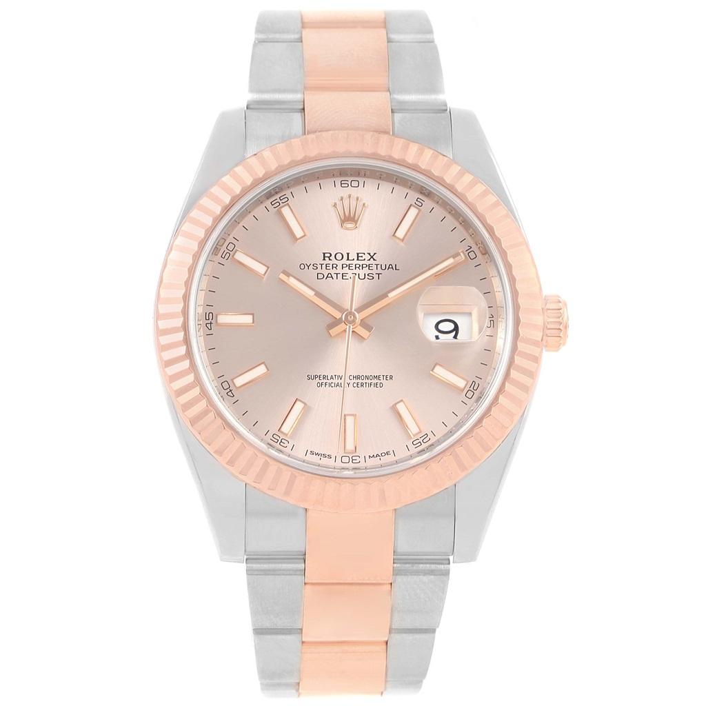 Rolex Datejust 41 Pink Dial Steel EveRose Gold Unisex Watch 126331. Officially certified chronometer automatic self-winding movement. Stainless steel case 41 mm in diameter. High polished lugs. Rolex logo on a 18K rose gold crown. 18k rose gold