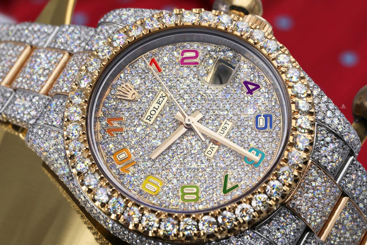 rolex datejust rainbow arabic numerals iced out