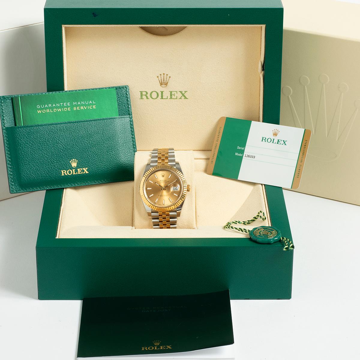 Our Rolex Datejust 41 features the classic and more desirable combination of 18k yellow gold and stainless steel 41mm case with 18k yellow gold and stainless steel jubilee bracelet. A complete set, this example comprises inner and outer box,
