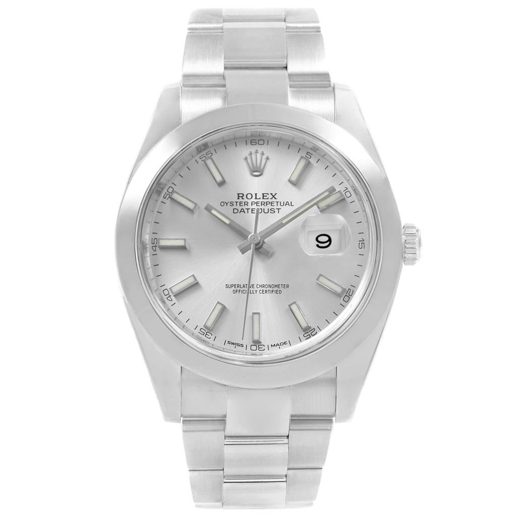 Rolex Datejust 41 Silver Baton Dial Stainless Steel Mens Watch 126300. Officially certified chronometer automatic self-winding movement with quickset date. Stainless steel case 41 mm in diameter. Rolex logo on a crown. Stainless steel smooth domed