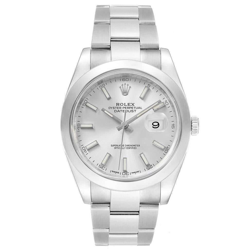 Rolex Datejust 41 Silver Dial Steel Mens Watch 126300 Box Card. Officially certified chronometer automatic self-winding movement. Stainless steel case 41 mm in diameter. Rolex logo on a crown. Stainless steel smooth domed bezel. Scratch resistant