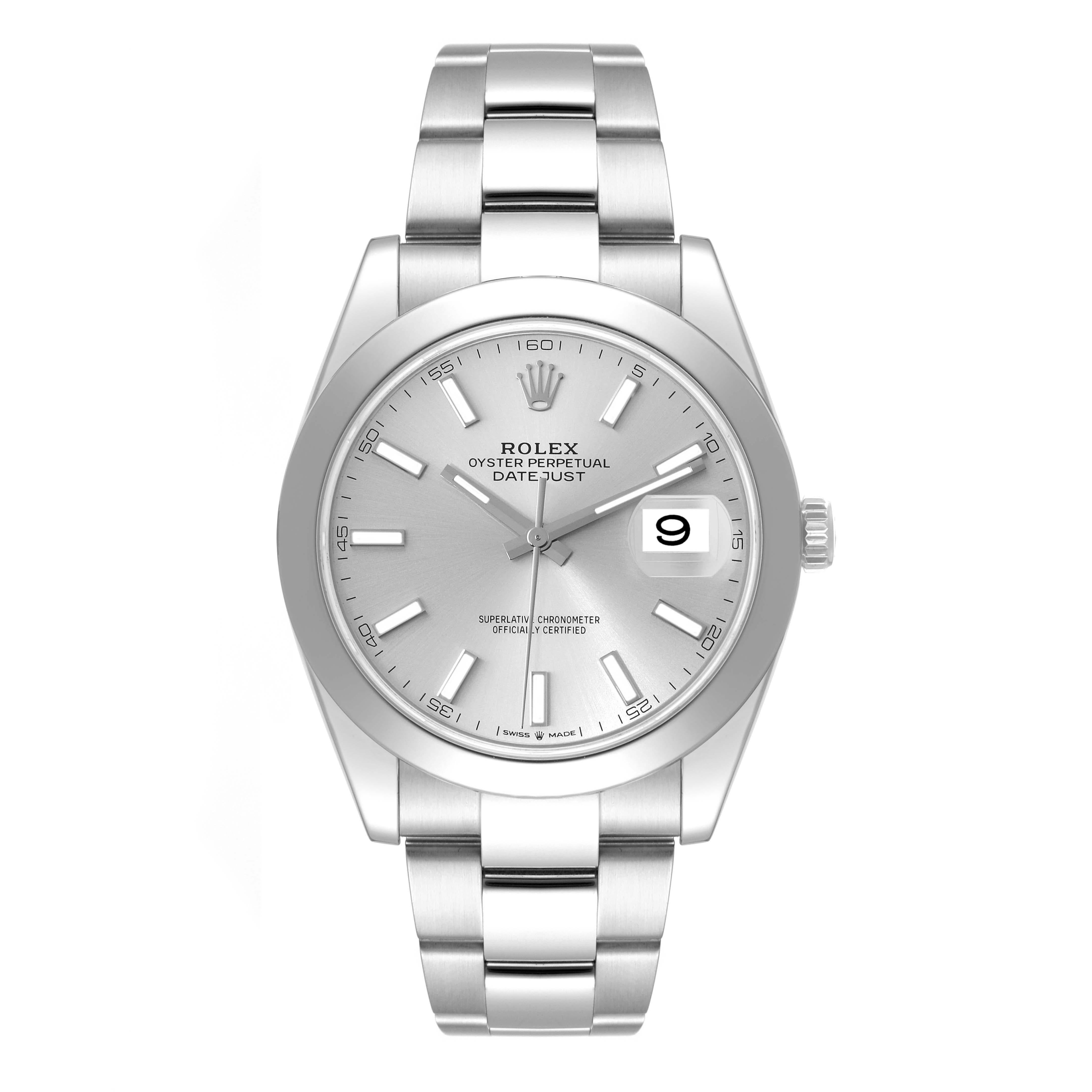Rolex Datejust 41 Silver Dial Steel Mens Watch 126300 Box Card. Officially certified chronometer automatic self-winding movement. Stainless steel case 41 mm in diameter. Rolex logo on a crown. Stainless steel smooth domed bezel. Scratch resistant