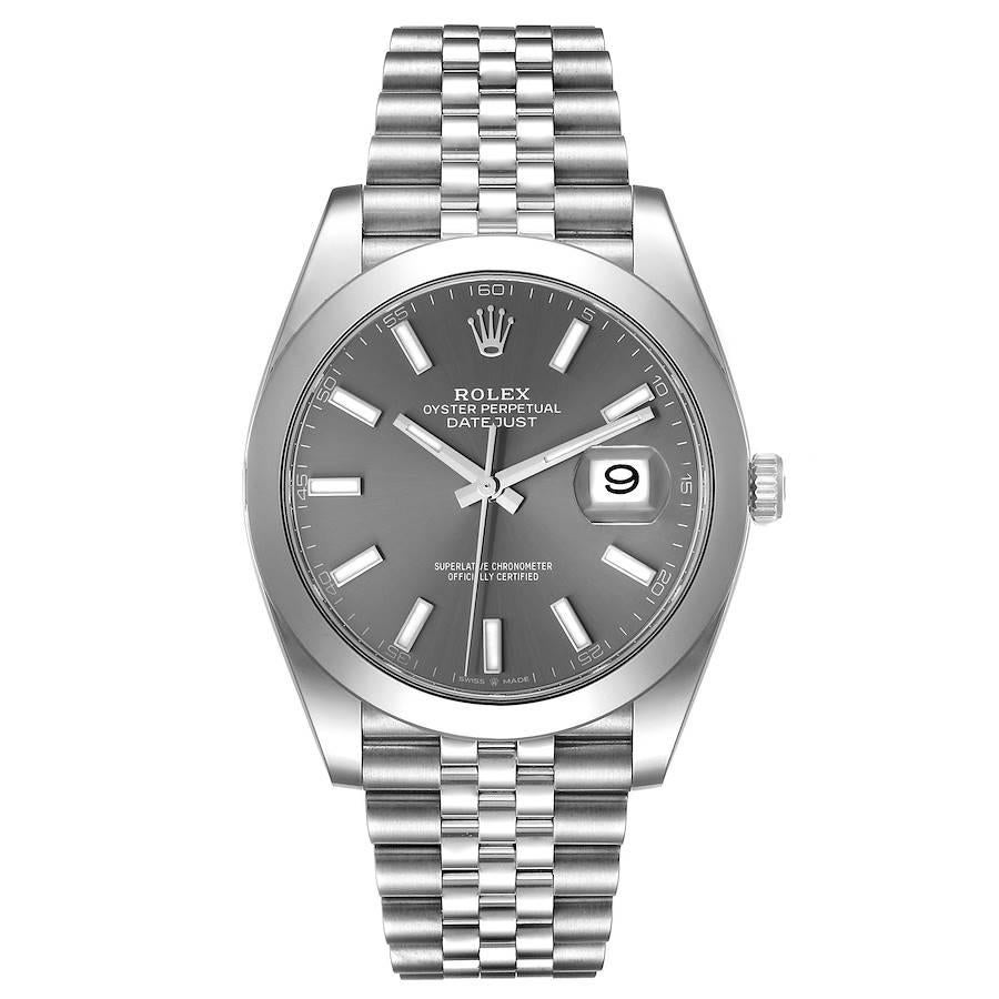 Rolex Datejust 41 Slate Dial Smooth Bezel Steel Mens Watch 126300 Unworn. Officially certified chronometer automatic self-winding movement. Stainless steel case 41 mm in diameter. Rolex logo on the crown. Stainless steel smooth bezel. Scratch