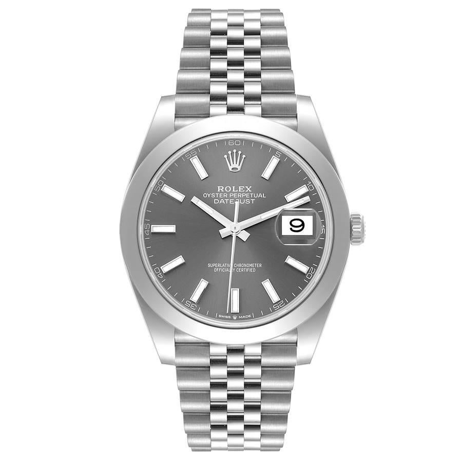 Rolex Datejust 41 Slate Dial Smooth Bezel Steel Mens Watch 126300 Unworn. Officially certified chronometer automatic self-winding movement. Stainless steel case 41 mm in diameter. Rolex logo on the crown. Stainless steel smooth bezel. Scratch