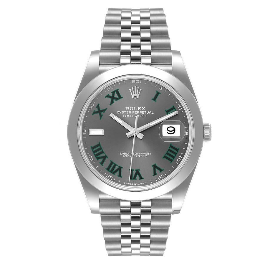 Rolex Datejust 41 Schiefer Grün Wimbledon Zifferblatt Stahl Herrenuhr 126300 Ungetragen. Offiziell zertifiziertes Chronometer-Automatikwerk mit Schnellverstellung des Datums. Gehäuse aus Edelstahl mit einem Durchmesser von 41 mm. Rolex Logo auf der