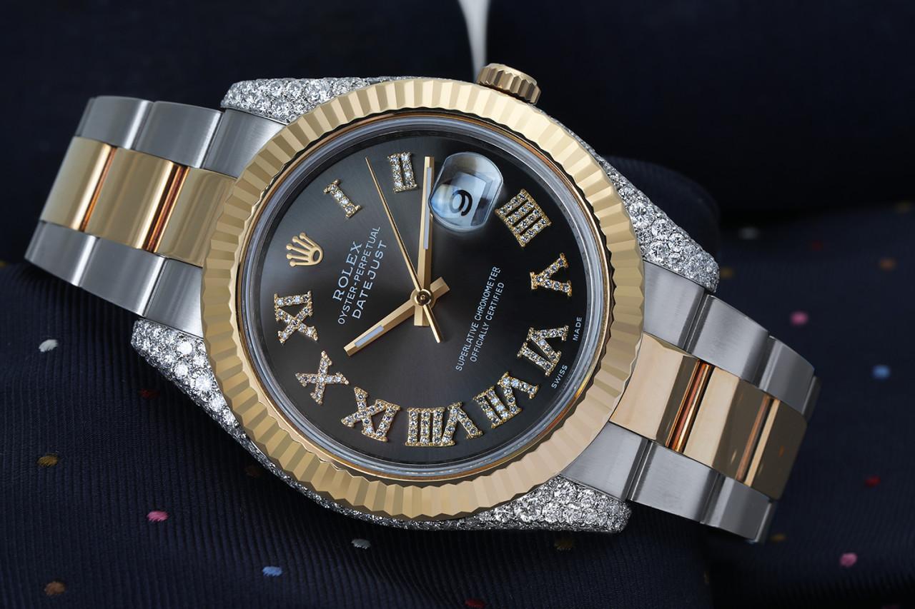 Rolex Datejust 41 Stainless SS and 18k YG Watch Custom Grey Roman Diamond Dial  In Excellent Condition For Sale In New York, NY