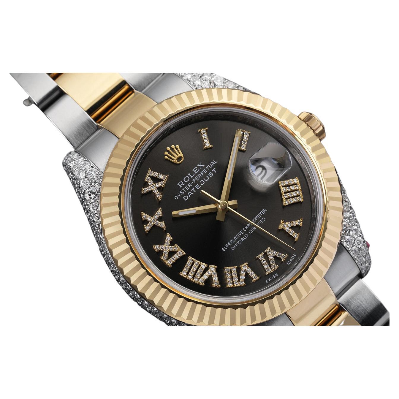Rolex Datejust 41 Stainless SS and 18k YG Watch Custom Grey Roman Diamond Dial