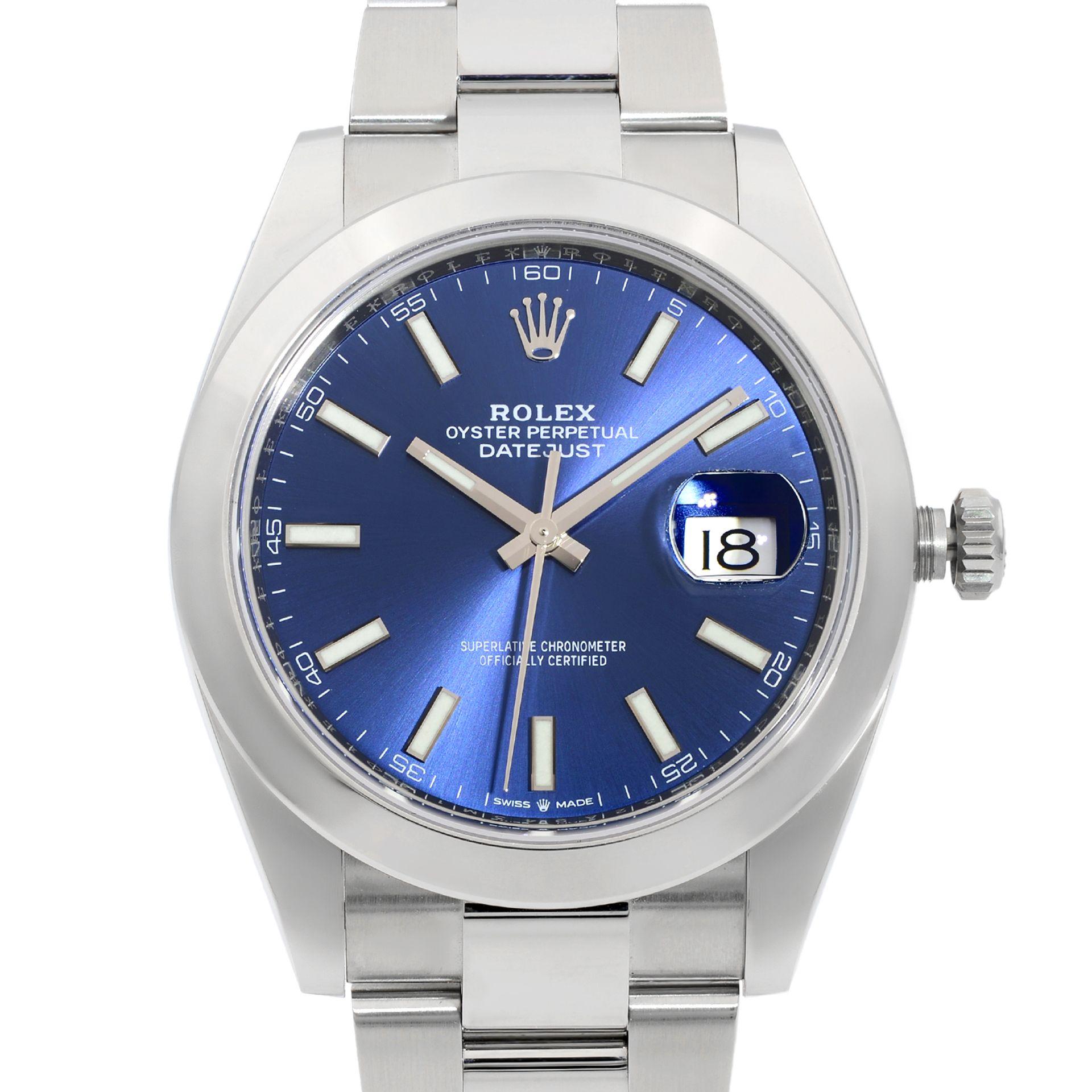 This New Without Tags Rolex Datejust 41 126300 is a beautiful men's timepiece that is powered by a mechanical (automatic) movement which is cased in a stainless steel case. It has a round shape face, date indicator dial, and has hand sticks style