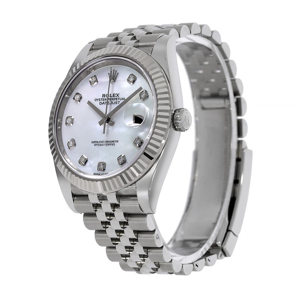 The Datejust 126334 is dressed in a shining luxurious design that features a mother of pearl dial, a white gold fluted bezel and diamond hour markers. The 126334 Datejust has a stainless-steel case that is 41mm in diameter with a monobloc middle