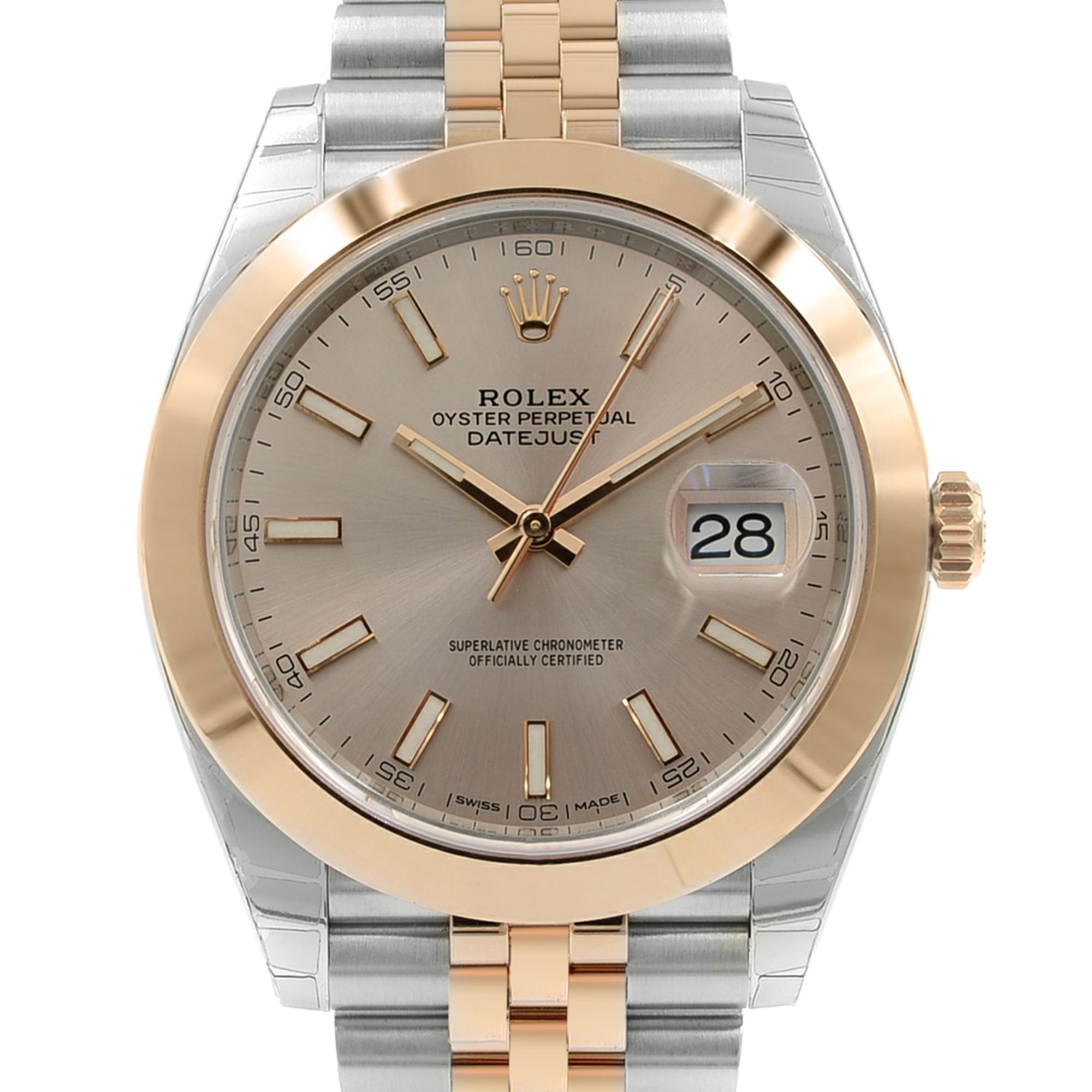 This never been worn Rolex Datejust 41 126301 suij is a beautiful men's timepiece that is powered by an automatic movement which is cased in a stainless steel case. It has a round shape face, date dial and has hand sticks style markers. It is