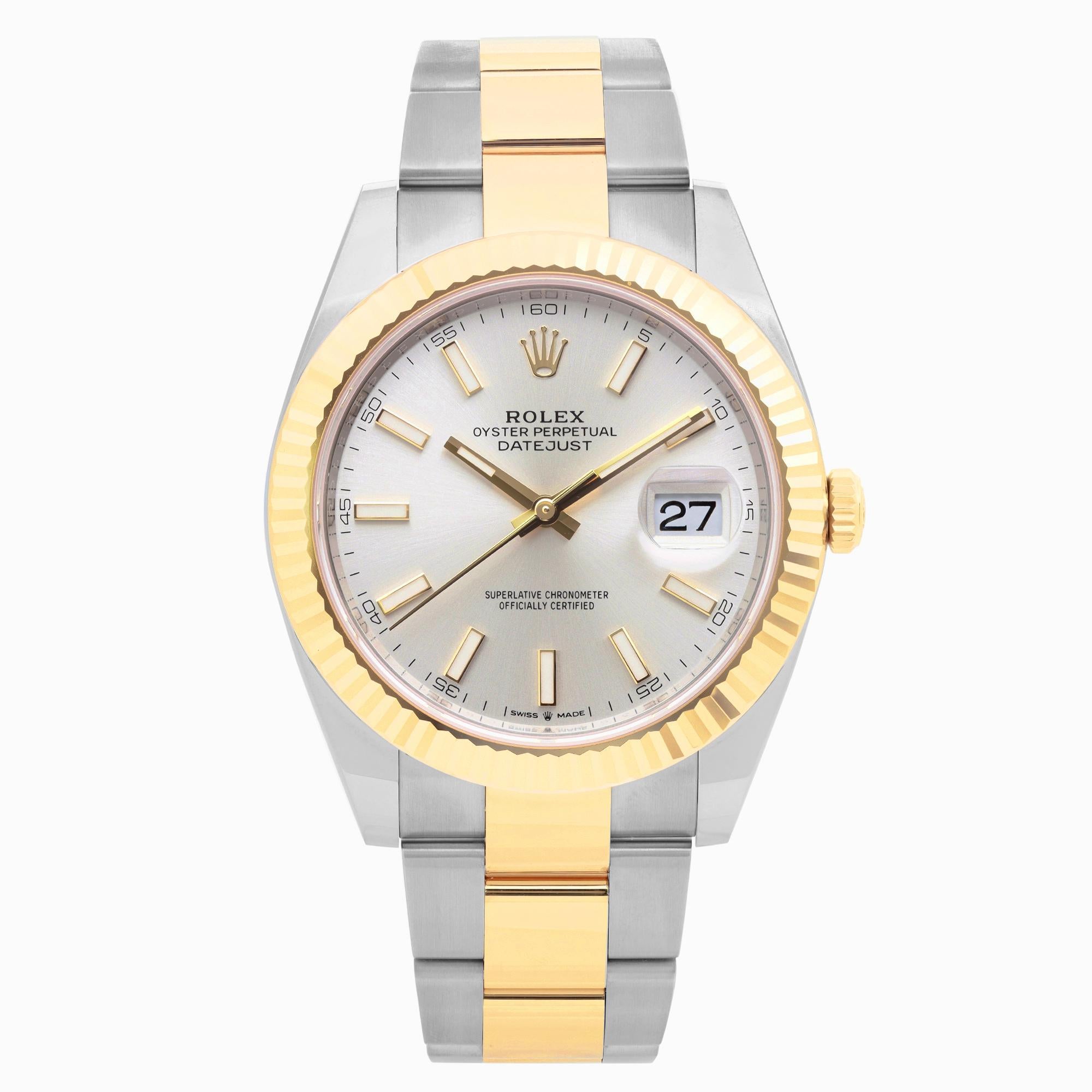 Rolex Datejust 41 Steel 18K Gold Silver Index Dial Automatic Mens Watch 126333