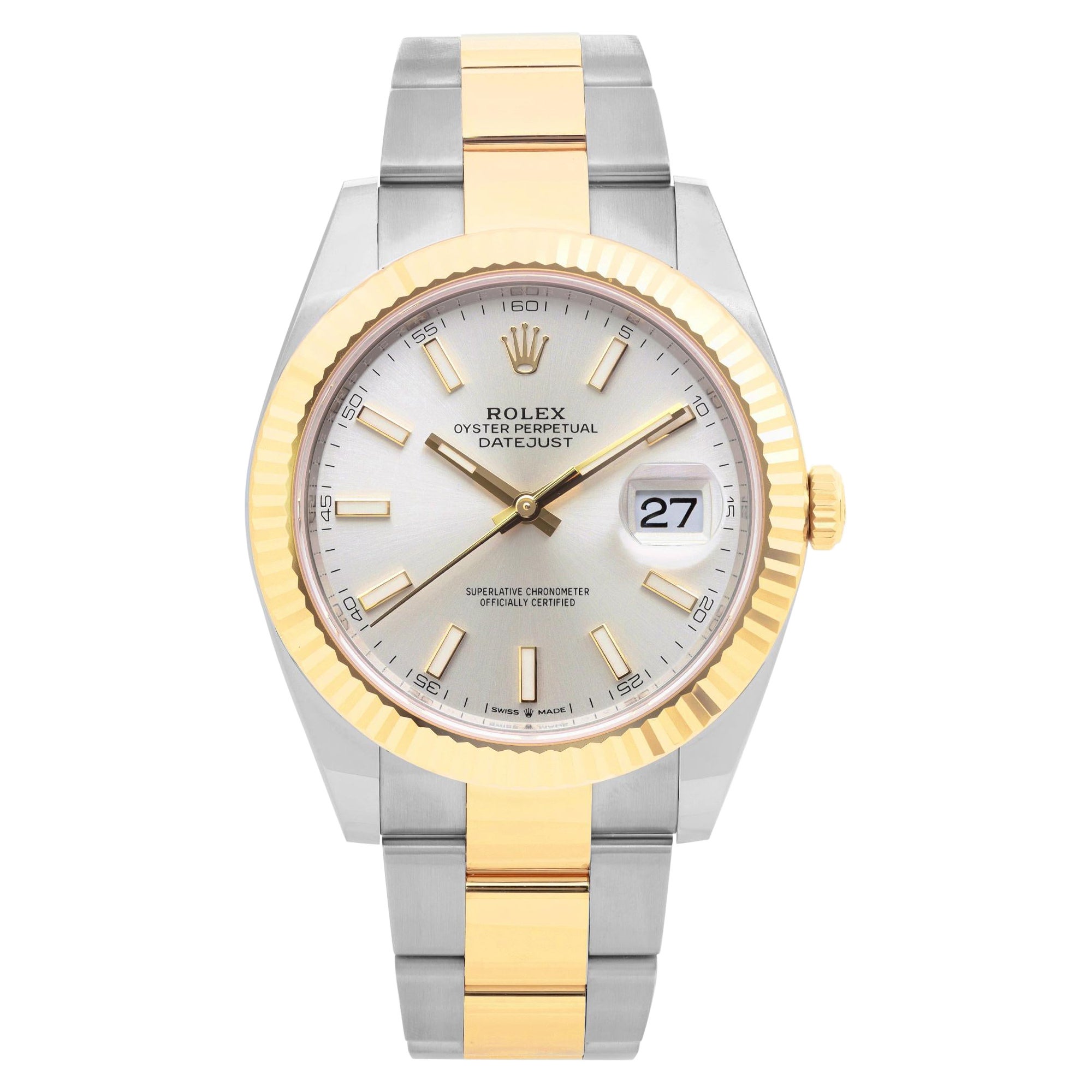 Rolex Datejust 41 Steel 18k Gold Silver Index Dial Automatic Mens Watch 126333