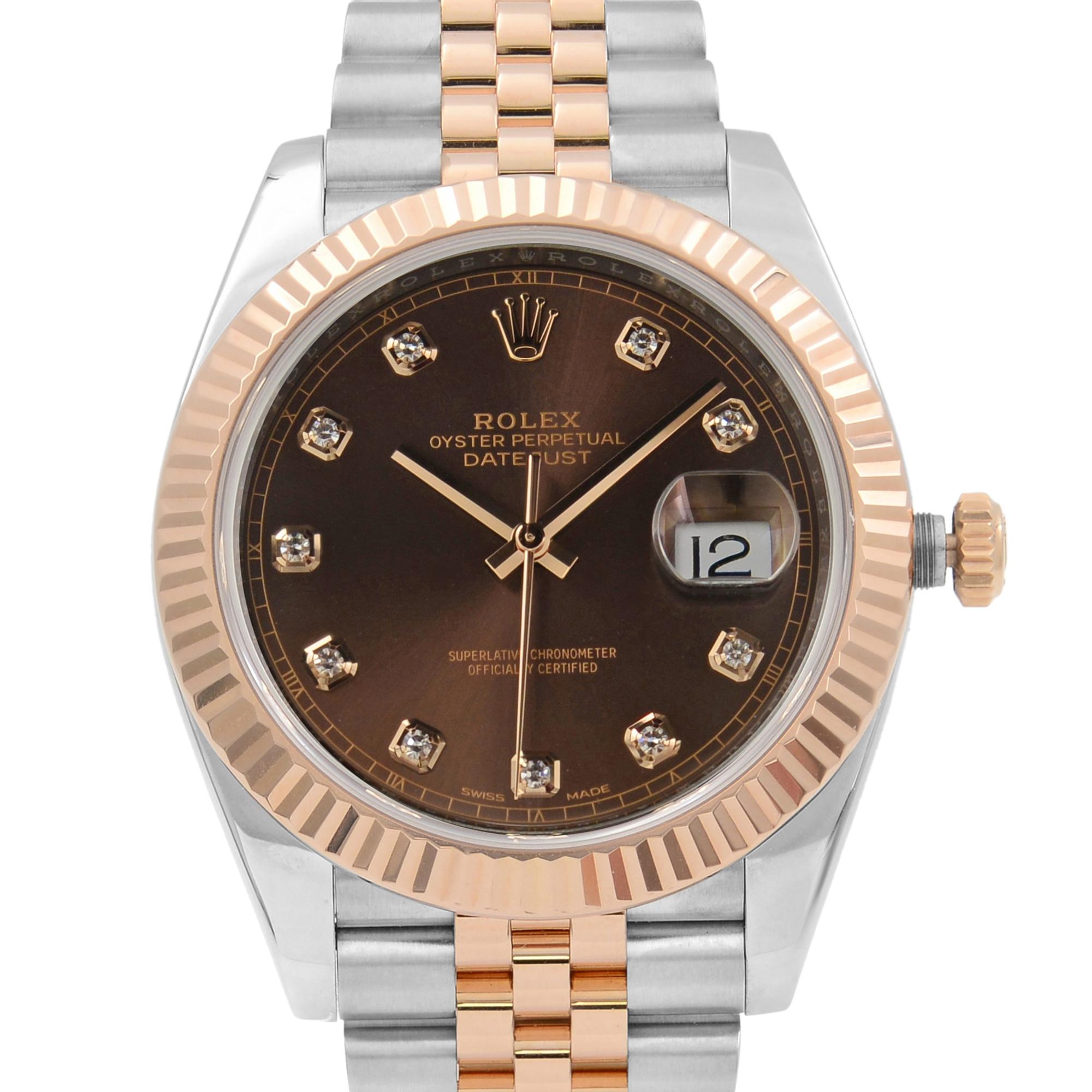 This pre-owned Rolex Datejust 41 126331 is a beautiful men's timepiece that is powered by mechanical (automatic) movement which is cased in a stainless steel case. It has a round shape face, date indicator, diamonds dial and has hand diamonds style