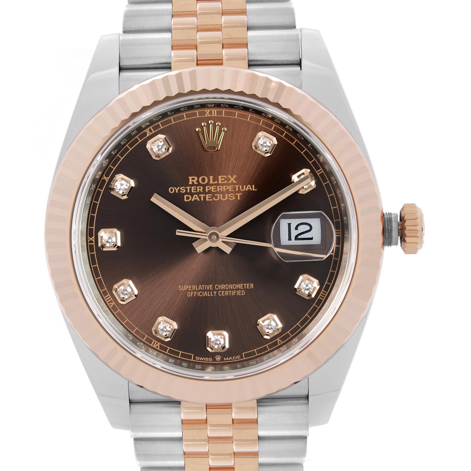 Pre-owned 2020 Card and white serial Tag. Rolex Datejust 41 18K Rose Gold Steel Chocolate Diamond Dial Men's Watch 126331. This Timepiece is Powered by Mechanical (Automatic) Movement And Features:  Stainless Steel Case with a Two-Tone Jubilee