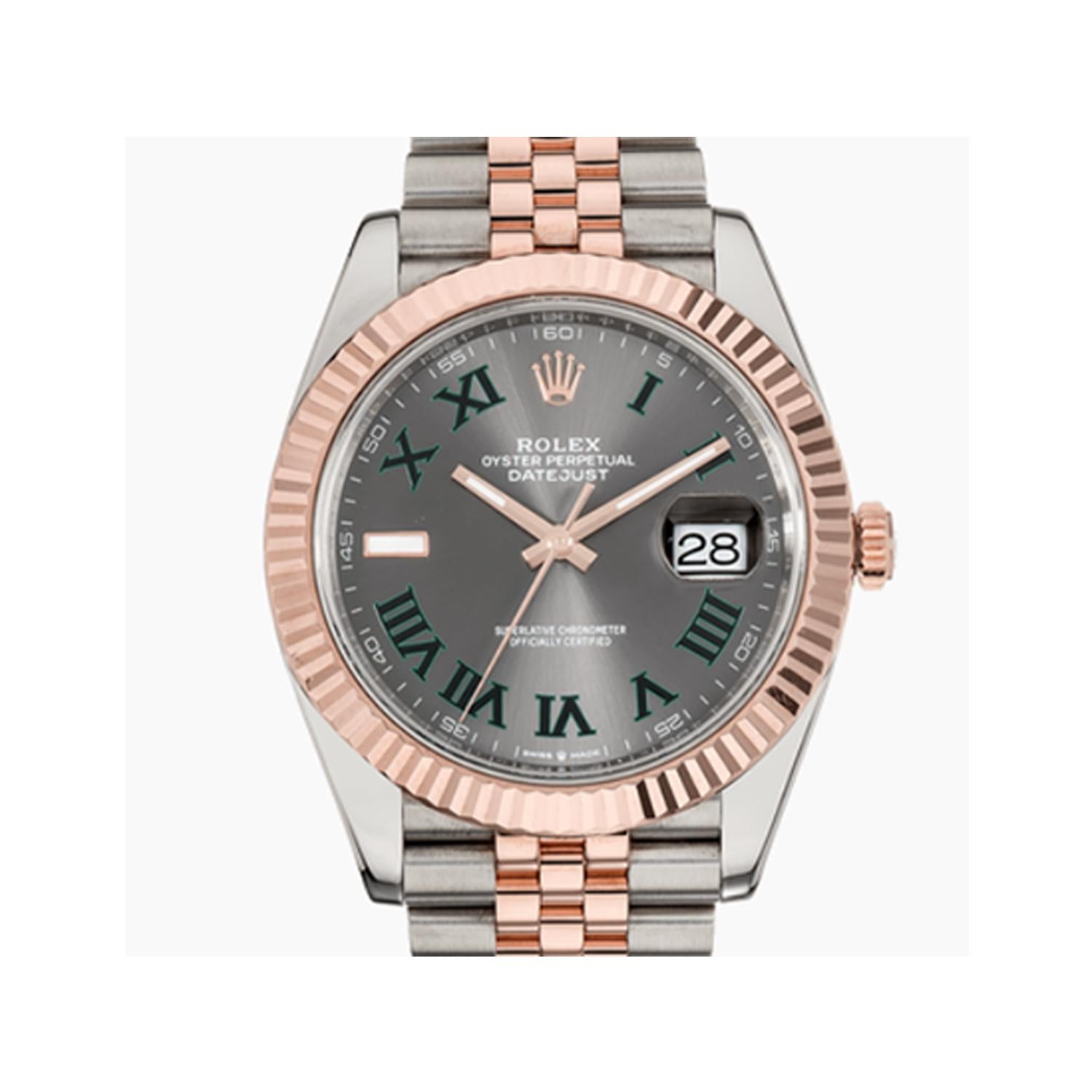 This brand new Rolex Datejust 41  126300 is a beautiful men's timepiece that is powered by a mechanical (automatic) movement which is cased in a stainless steel case. It has a round shape face, date indicator dial, and has hand roman numerals style