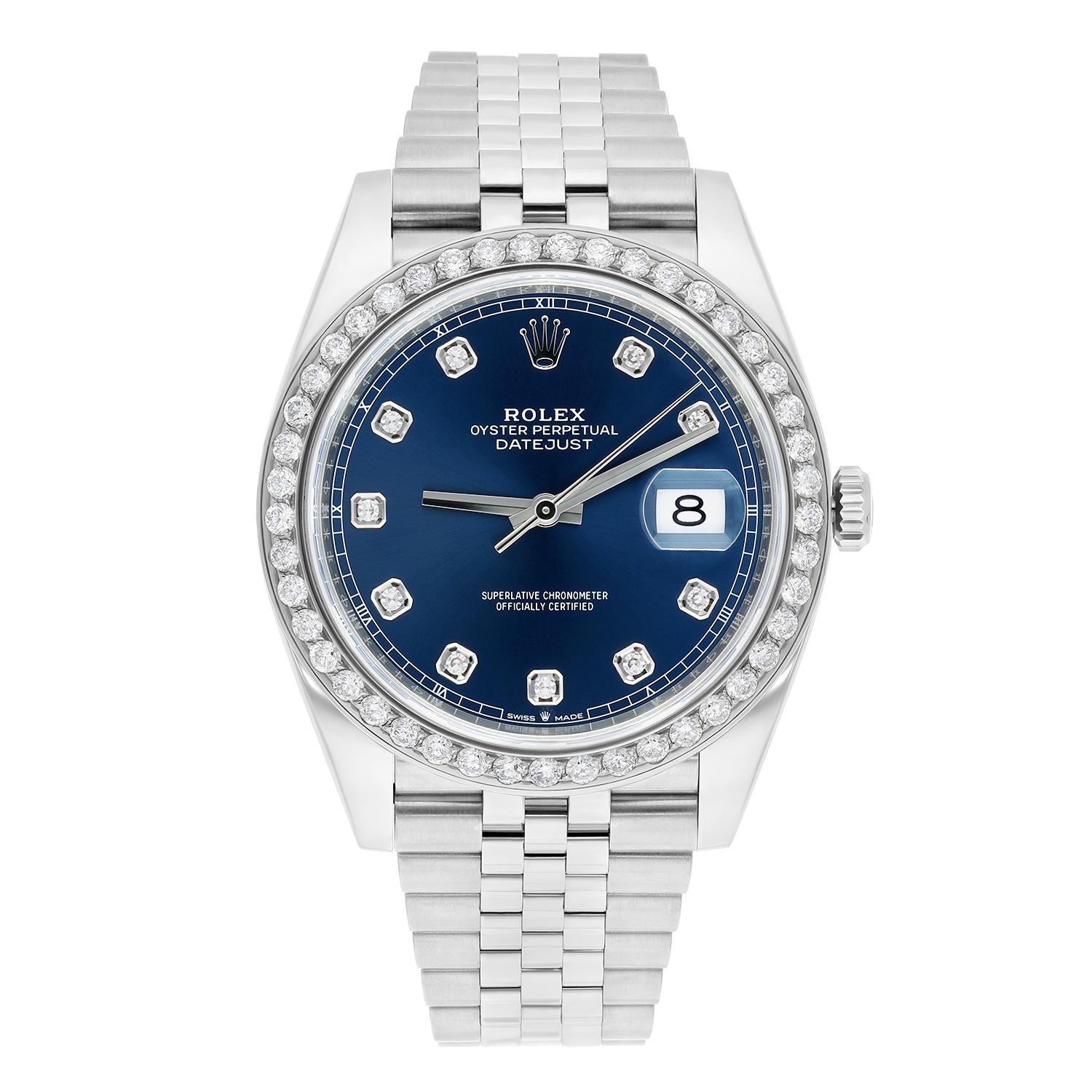 This stunning Rolex Datejust 41 wristwatch is a combination of luxury and elegance. Featuring a blue diamond dial with diamond markers and a custom diamond bezel with 100% natural diamonds, this watch is a true masterpiece. Sale comes with a Rolex
