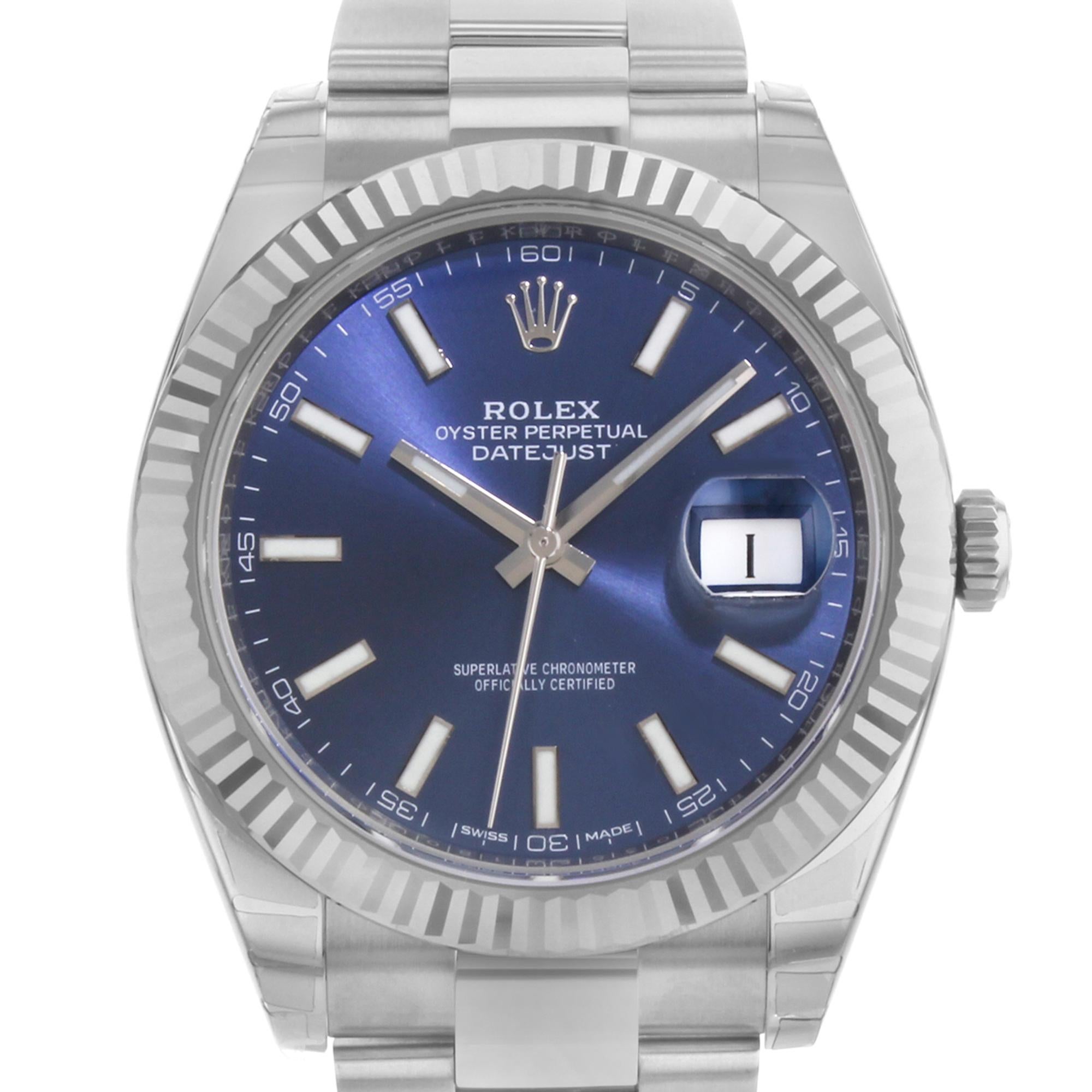 This brand new Rolex Datejust 41 126334 is a beautiful men's timepiece that is powered by mechanical (automatic) movement which is cased in a stainless steel case. It has a round shape face, date indicator dial and has hand sticks style markers. It