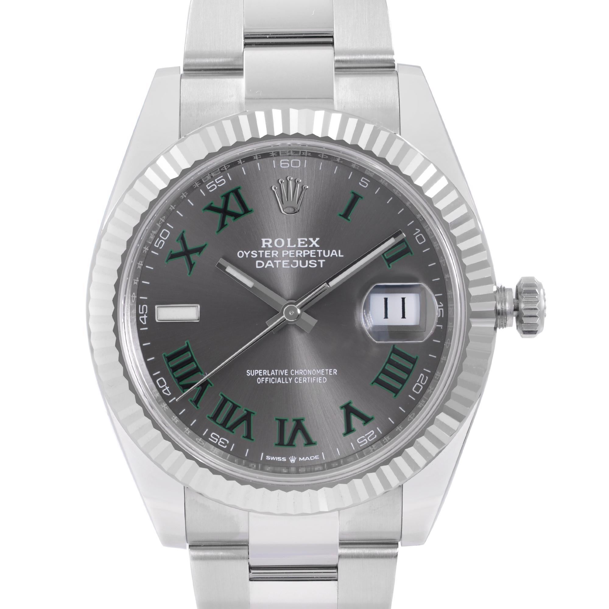 Display Model 2021 Card Rolex Datejust 41 Steel 18k White Gold Wimbledon Dial Automatic Men Watch 126334. This Beautiful Timepiece Is Powered by a Mechanical (Automatic) Movement and Features: Stainless Steel Case With a Stainless Steel Oyster