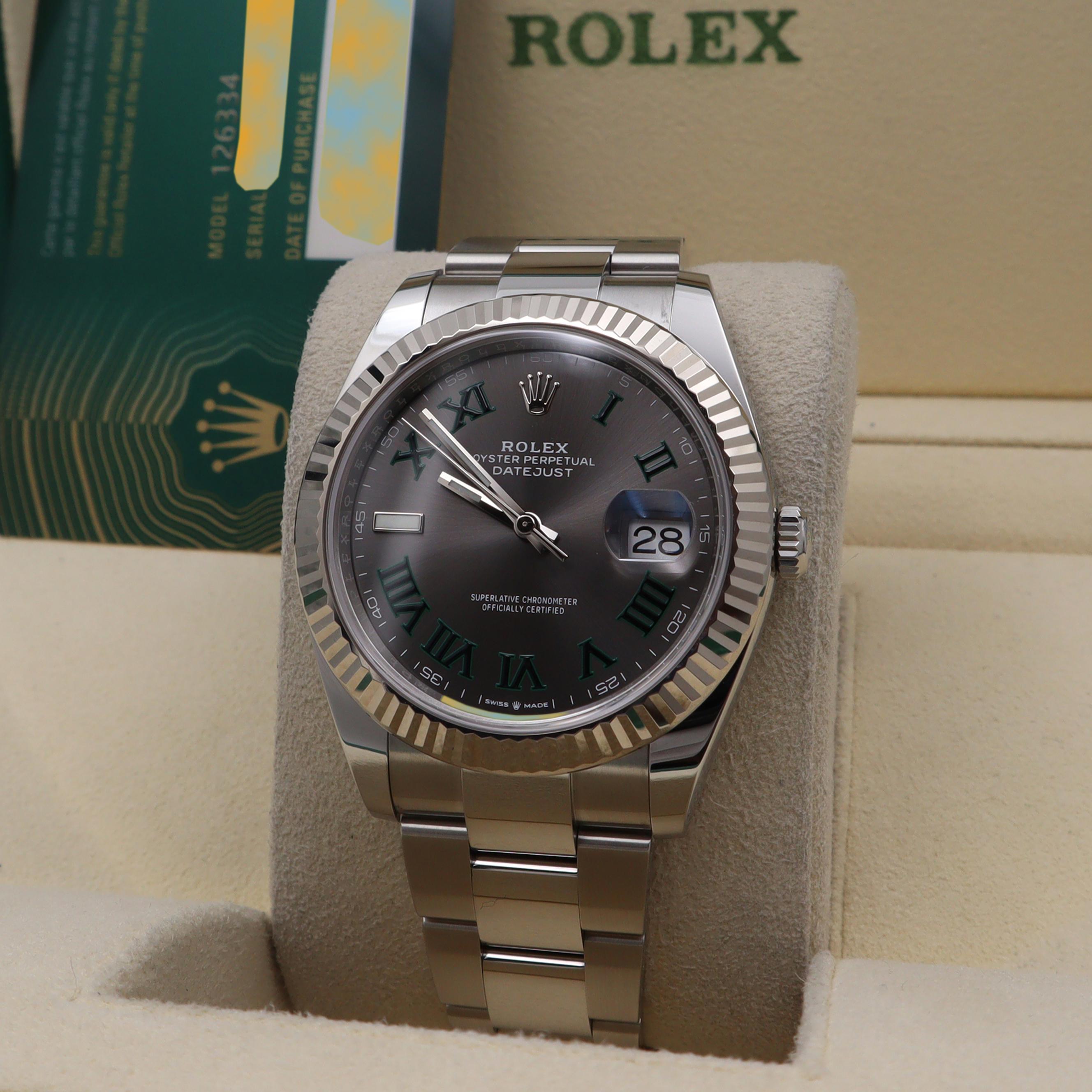Rolex Datejust 41 Steel 18k White Gold Wimbledon Dial Automatic Men Watch 126334 en vente 3
