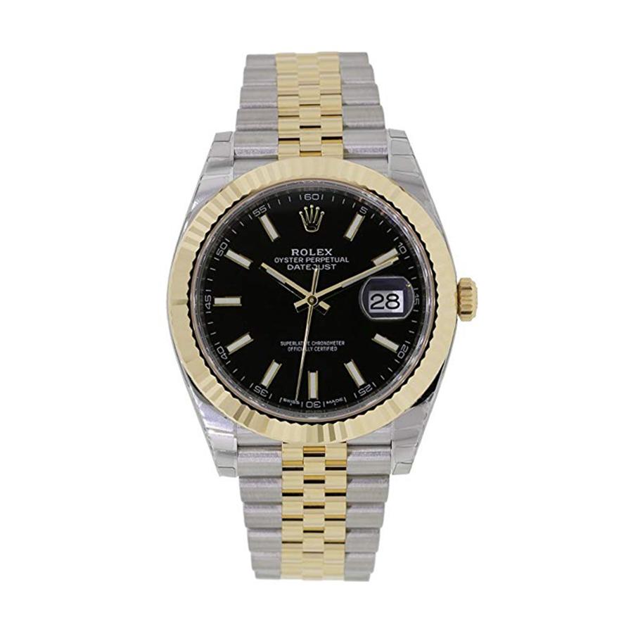 This brand new Rolex Datejust 41  126333 bkij is a beautiful men's timepiece that is powered by an automatic movement which is cased in a stainless steel case. It has a round shape face, date dial and has hand sticks style markers. It is completed