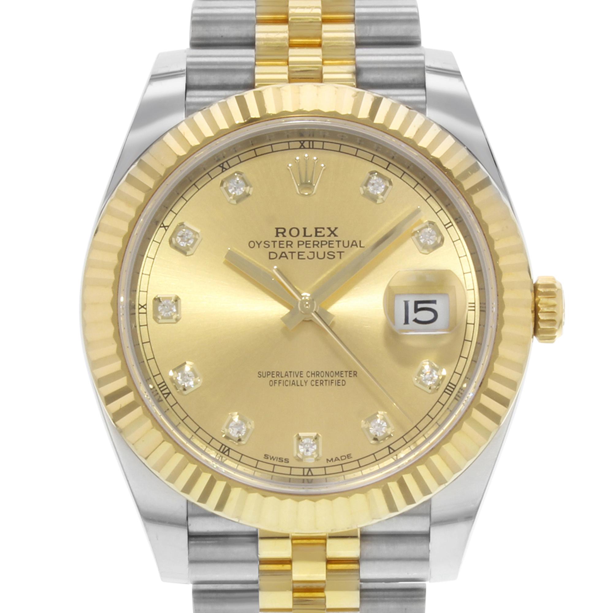 This brand new Rolex Datejust 41 126333 is a beautiful men's timepiece that is powered by mechanical (automatic) movement which is cased in a stainless steel case. It has a round shape face, date indicator, diamonds dial and has hand sticks style