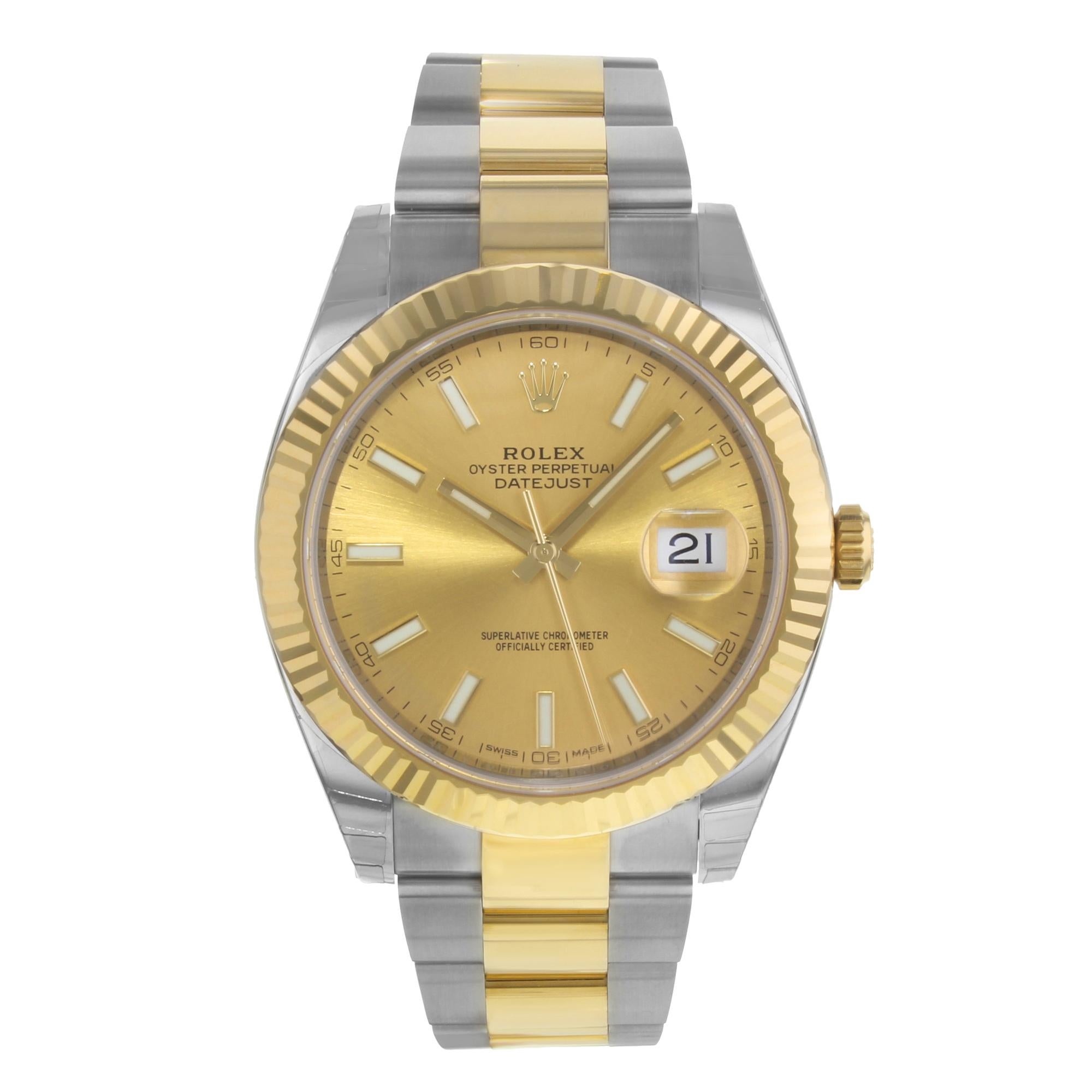 This brand new Rolex Datejust 41 126333 is a beautiful men's timepiece that is powered by mechanical (automatic) movement which is cased in a stainless steel case. It has a round shape face, date indicator dial and has hand sticks style markers. It