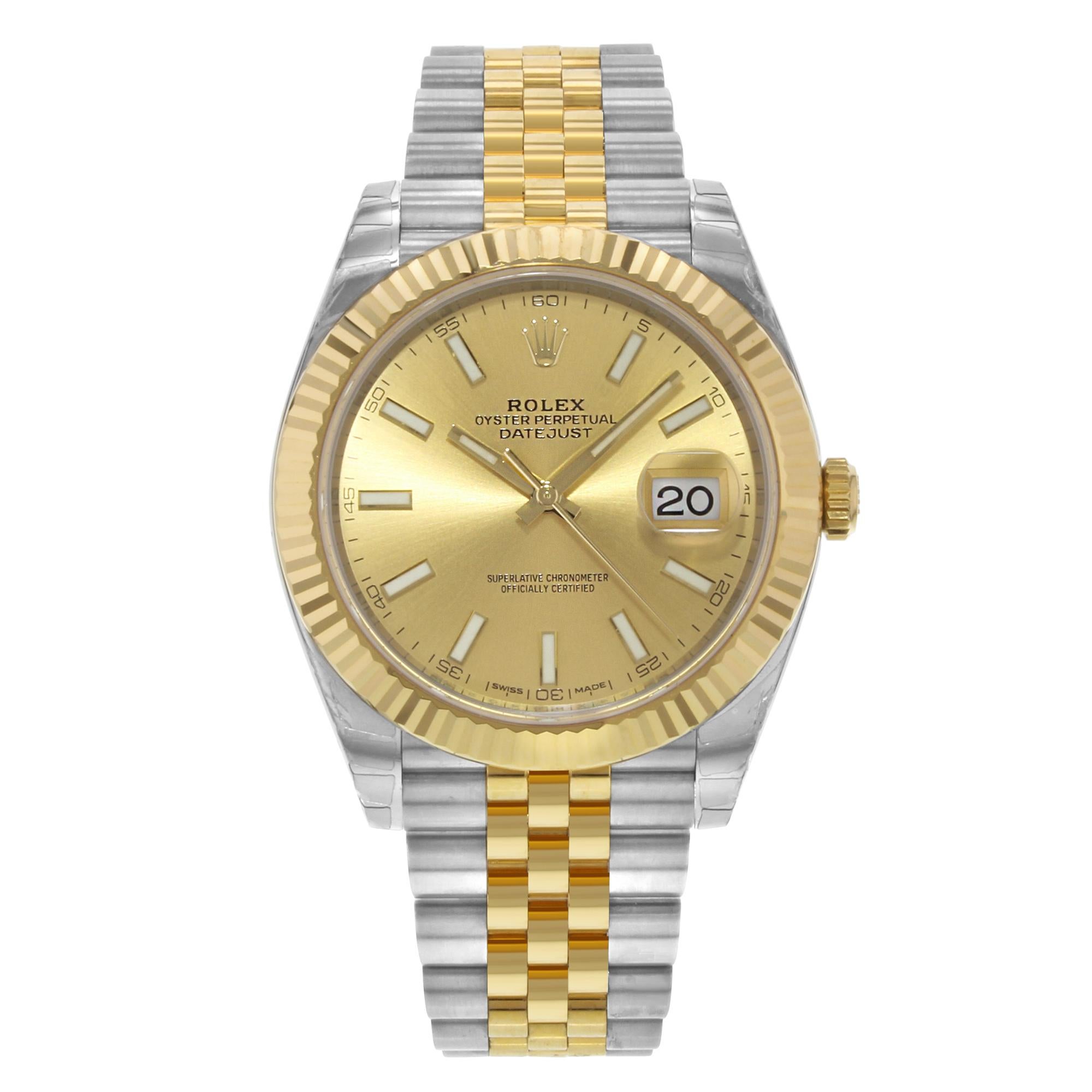 This brand new Rolex Datejust 41 126333 is a beautiful men's timepiece that is powered by mechanical (automatic) movement which is cased in a stainless steel case. It has a round shape face, date indicator dial and has hand sticks style markers. It
