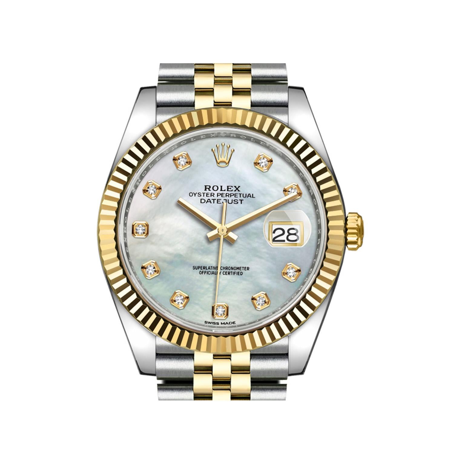 This brand new Rolex Datejust 41 126333 is a beautiful men's timepiece that is powered by mechanical (automatic) movement which is cased in a stainless steel case. It has a round shape face, date indicator dial and has hand diamonds style markers.