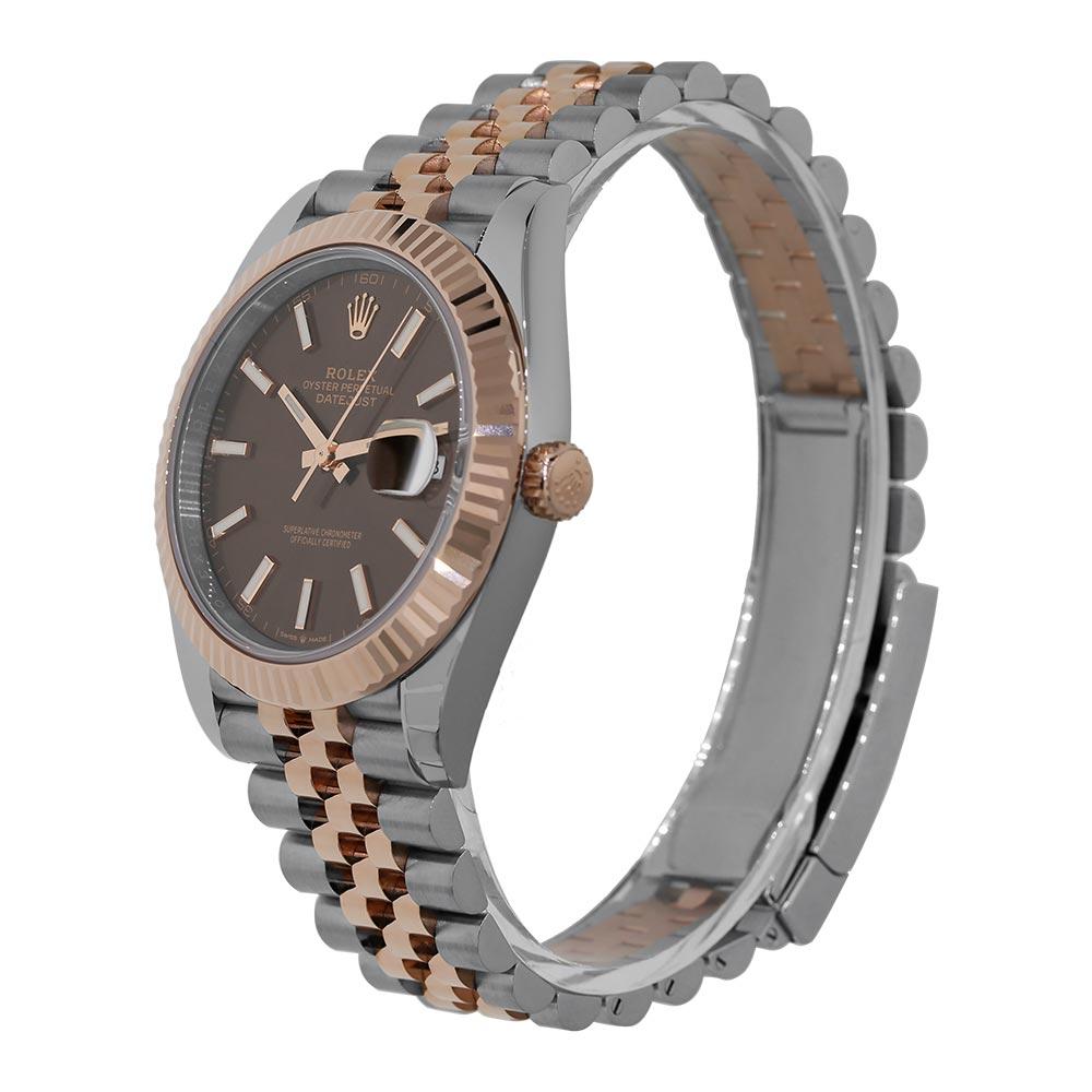 Decadent chocolate adds a new level of richness to the Datejust 126331 on the much-revered jubilee bracelet. The 126331 case is 41mm in diameter and is made of oyster steel and rose gold with a monobloc middle case, a screw-down case back and a