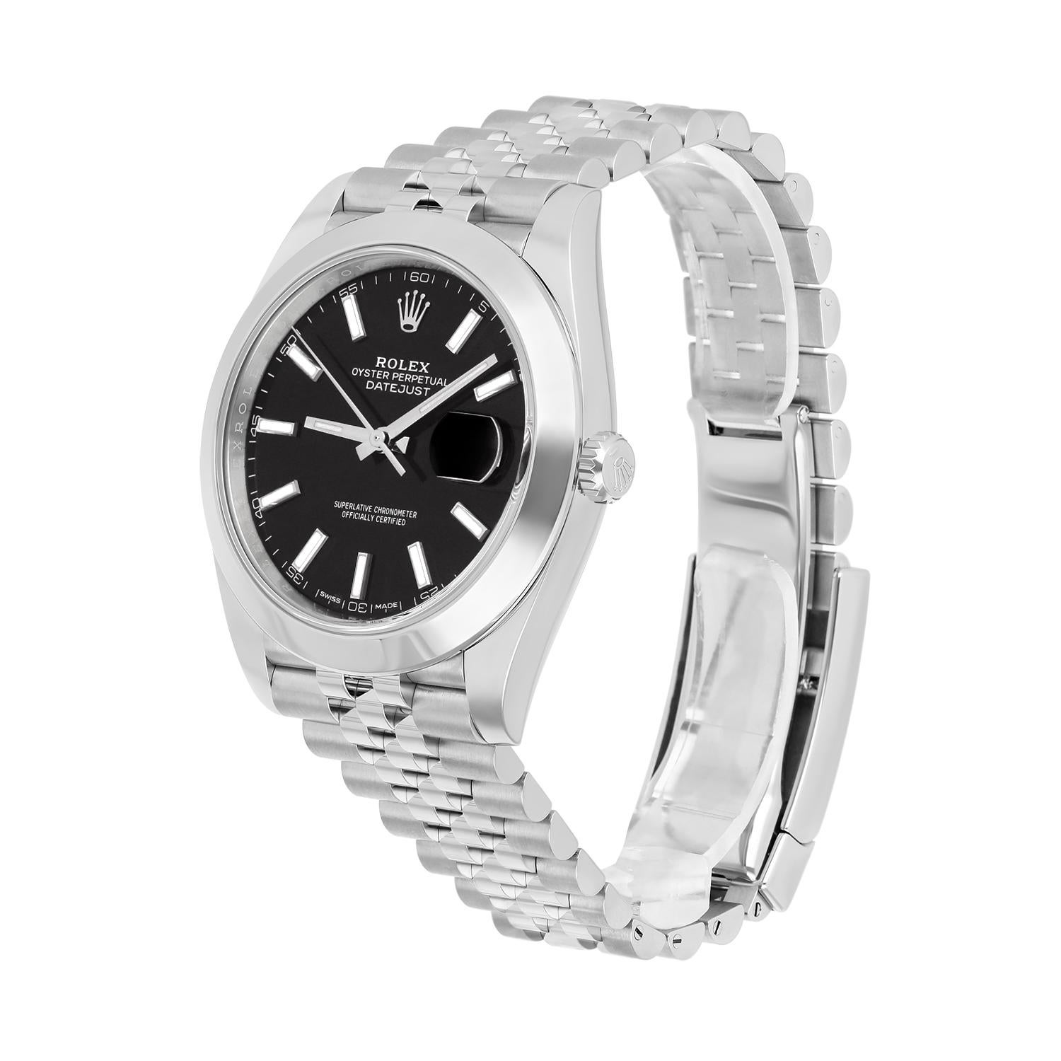 Rolex Datejust 41 Steel Black Index Dial Mens Watch Jubilee Band 126300 In Excellent Condition For Sale In New York, NY