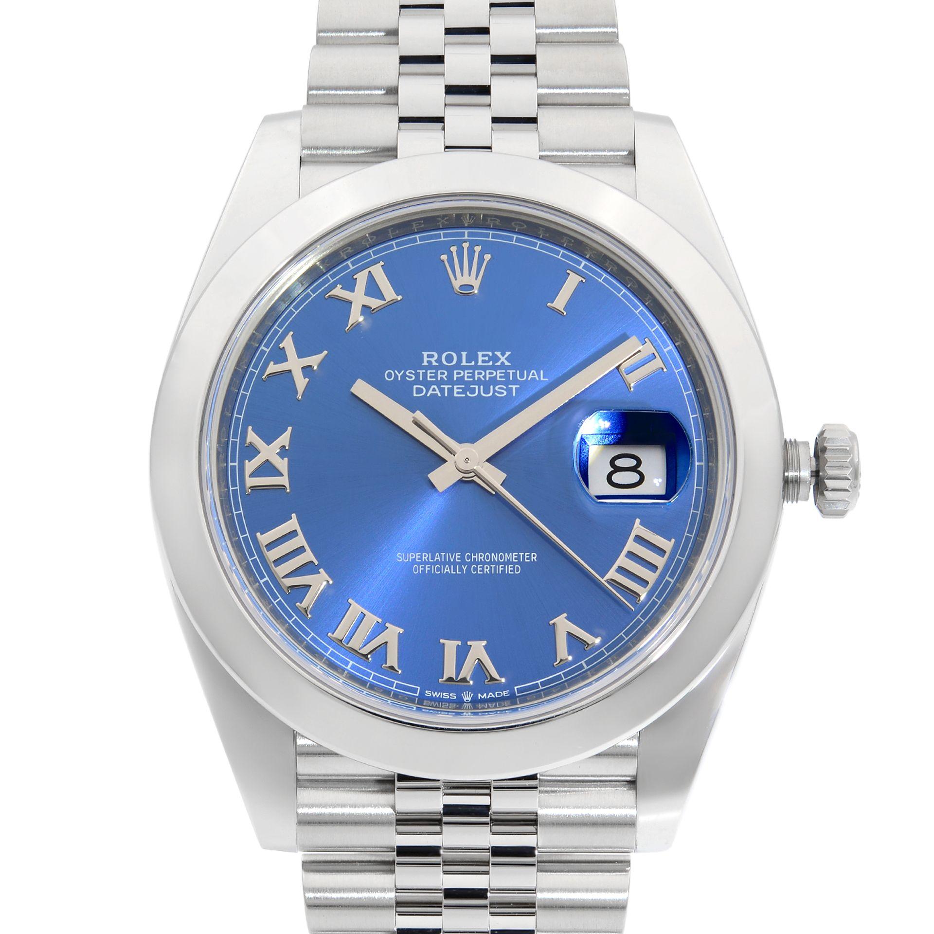This brand new Rolex Datejust 41 126300  is a beautiful men's timepiece that is powered by a mechanical (automatic) movement which is cased in a stainless steel case. It has a round shape face, date indicator dial, and has hand roman numerals style