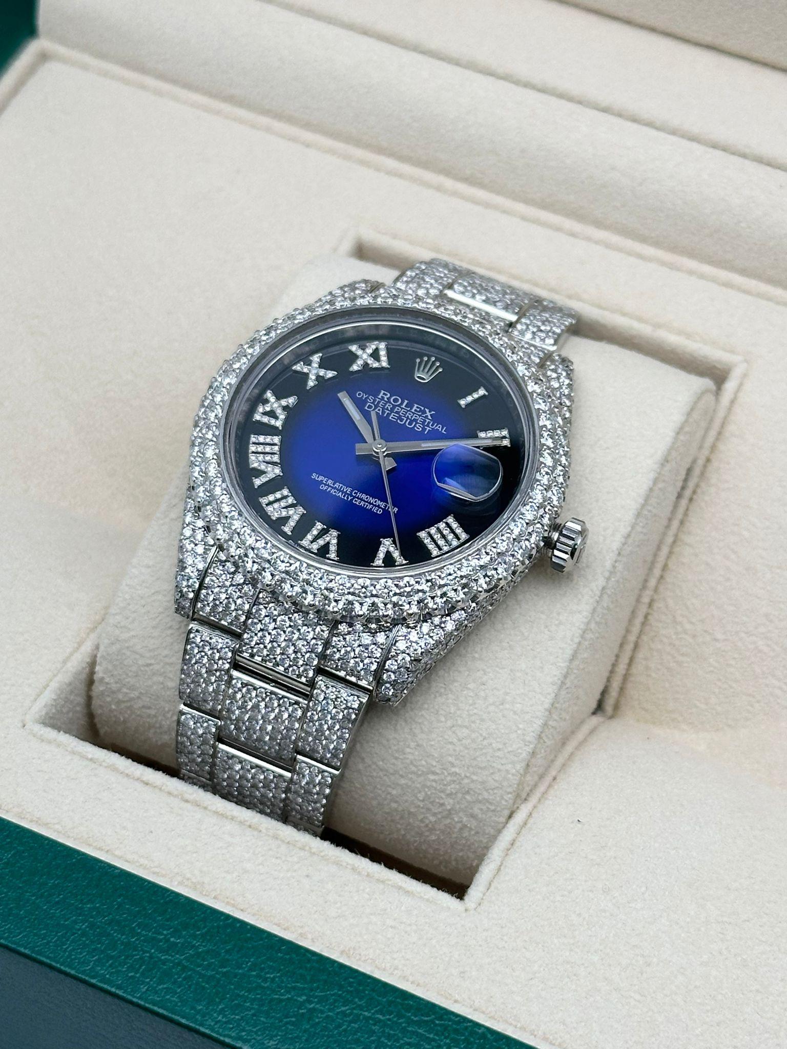 Rolex Datejust 41 Steel Custom Fully Iced Out Blue Dial Watch 126300 In Good Condition For Sale In New York, NY