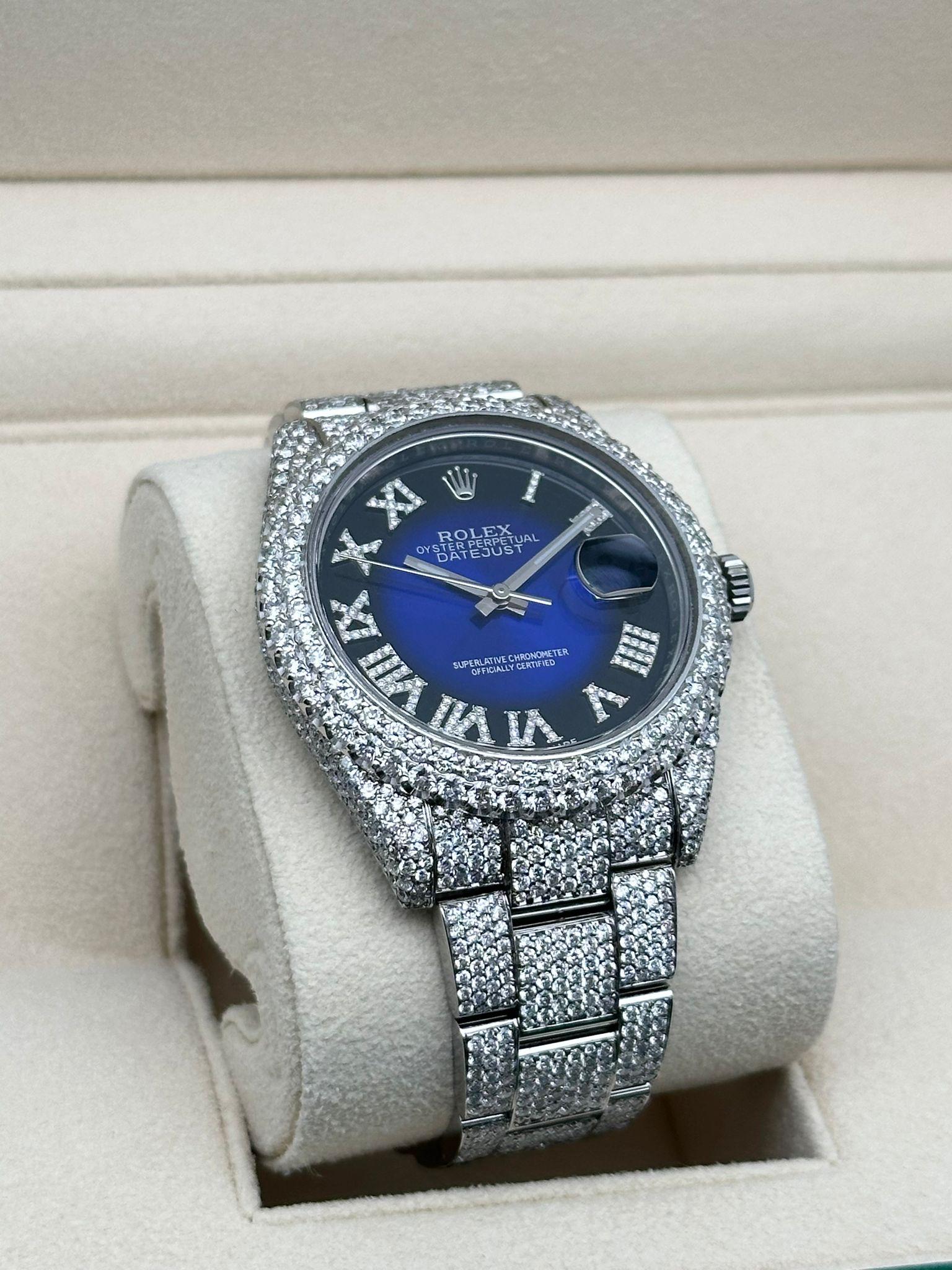 Women's or Men's Rolex Datejust 41 Steel Custom Fully Iced Out Blue Dial Watch 126300 For Sale