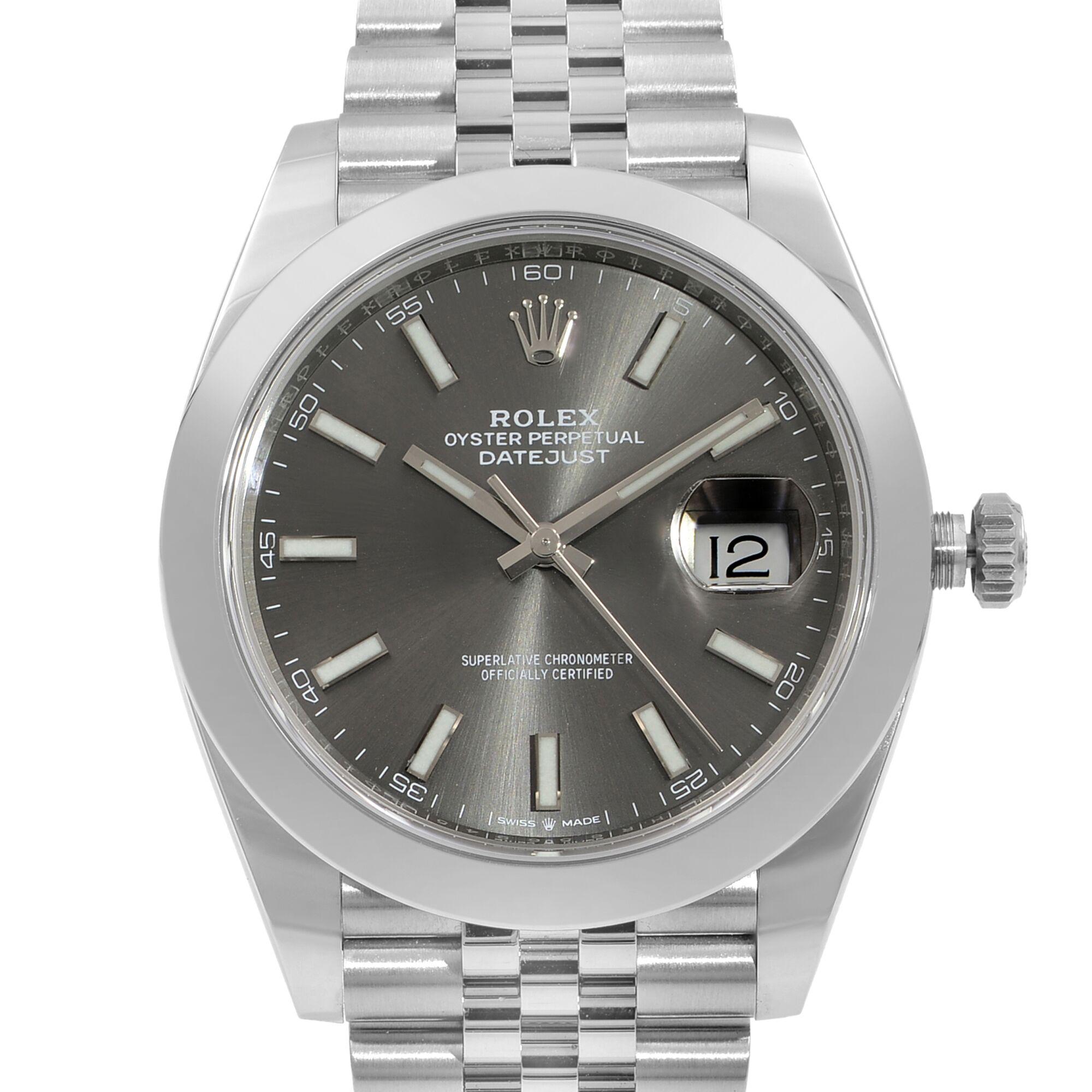 This display model Rolex Datejust 41 126300-RHOSJ is a beautiful men's timepiece that is powered by mechanical (automatic) movement which is cased in a stainless steel case. It has a round shape face, date indicator dial and has hand sticks style