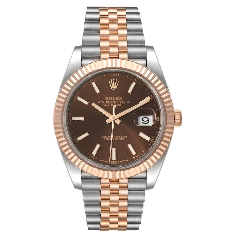 Rolex Datejust 41 Steel Everose Gold Chocolate Dial Watch 126331 Box Card. Officially certified chronometer self-winding movement. Stainless steel and 18K rose gold case 41.0 mm in diameter. Rolex logo on a crown. 18K rose gold fluted bezel. Scratch