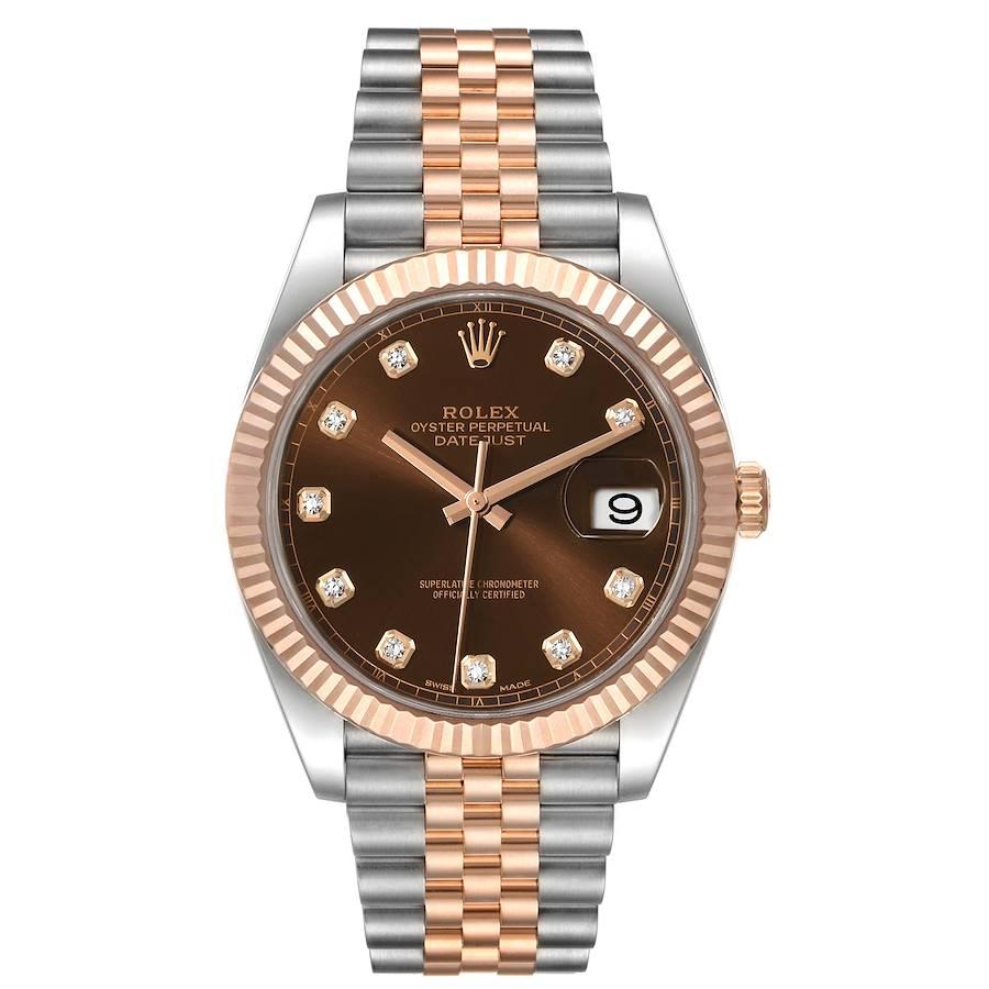 Rolex Datejust 41 Steel Everose Gold Chocolate Diamond Dial Watch 126331. Officially certified chronometer self-winding movement. Stainless steel and 18K rose gold case 41.0 mm in diameter. Rolex logo on a crown. 18K rose gold fluted bezel. Scratch
