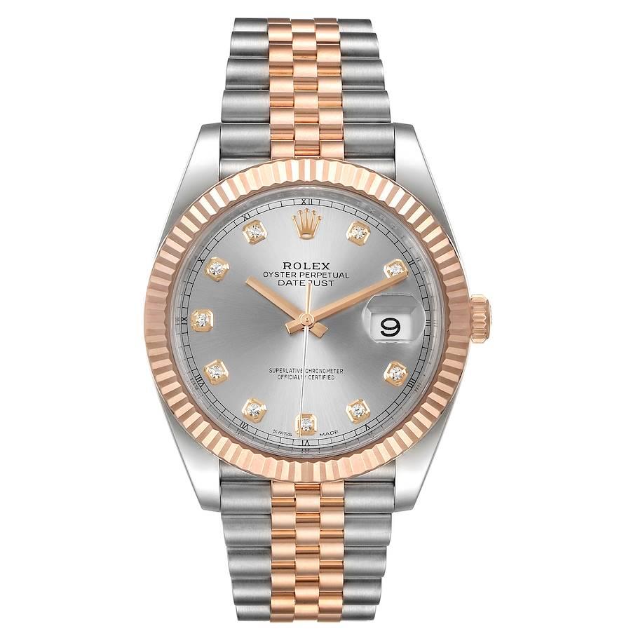 Rolex Datejust 41 Steel Everose Gold Diamond Dial Mens Watch 126331. Officially certified chronometer self-winding movement. Stainless steel and 18K rose gold case 41.0 mm in diameter. Rolex logo on a crown. 18K rose gold fluted bezel. Scratch