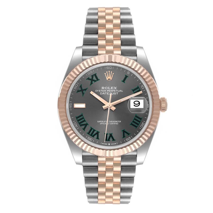 Rolex Datejust 41 Steel Everose Gold Wimbledon Dial Mens Watch 126331 Box Card. Officially certified chronometer self-winding movement. Stainless steel and 18K rose gold case 41.0 mm in diameter. Rolex logo on a crown. 18K rose gold fluted bezel.