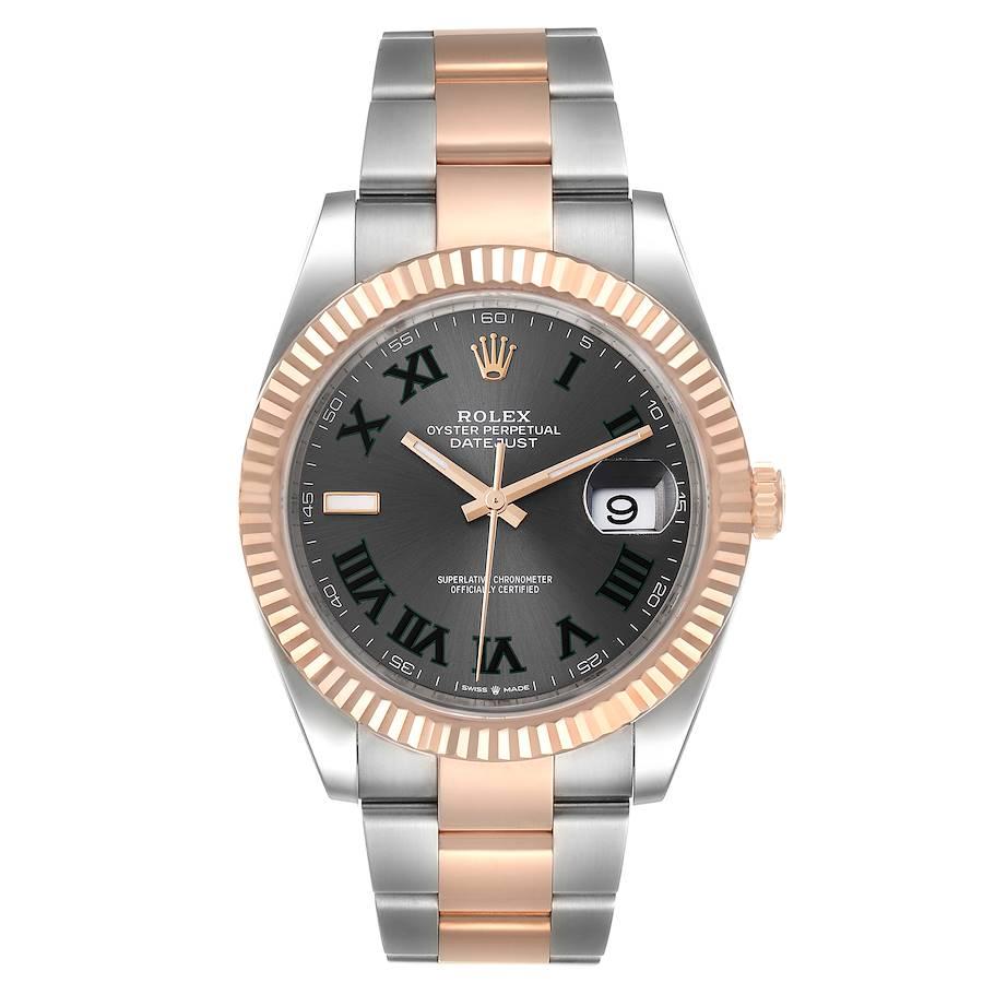 Rolex Datejust 41 Steel Everose Gold Wimbledon Dial Watch 126331 Unworn. Officially certified chronometer self-winding movement. Stainless steel and 18K rose gold case 41.0 mm in diameter. Rolex logo on a crown. 18K rose gold fluted bezel. Scratch