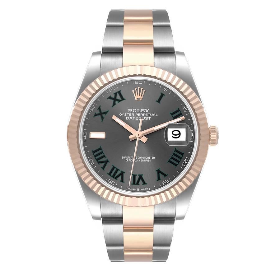 Rolex Datejust 41 Steel Everose Gold Wimbledon Dial Watch 126331 Unworn. Officially certified chronometer self-winding movement. Stainless steel and 18K rose gold case 41.0 mm in diameter. Rolex logo on a crown. 18K rose gold fluted bezel. Scratch