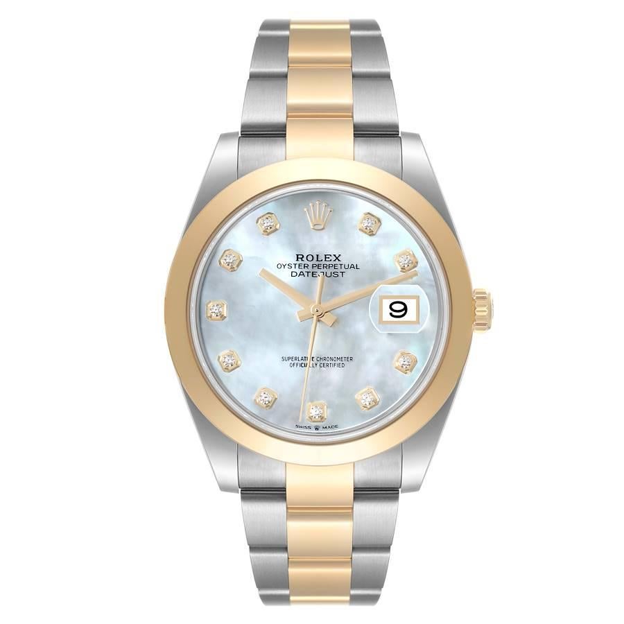 Rolex Datejust 41 Steel Yellow Gold Mother Of Pearl Diamond Dial Mens Watch 126303 Unworn. Officially certified chronometer self-winding movement. Stainless steel and 18K yellow gold case 41.0 mm in diameter. Rolex logo on the crown. 18K yellow gold